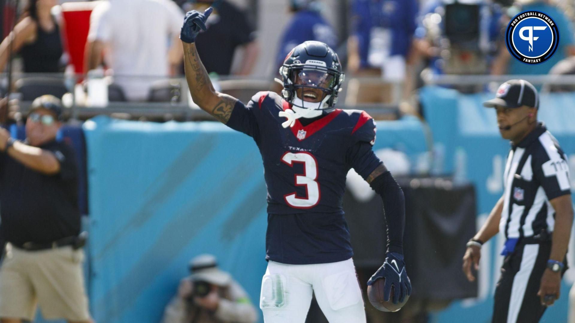 Houston Texans wide receiver Tank Dell (3) celebrates a touchdown against the Jacksonville Jaguars during the fourth quarter at EverBank Stadium. Mandatory Credit: Morgan Tencza-USA TODAY Sports