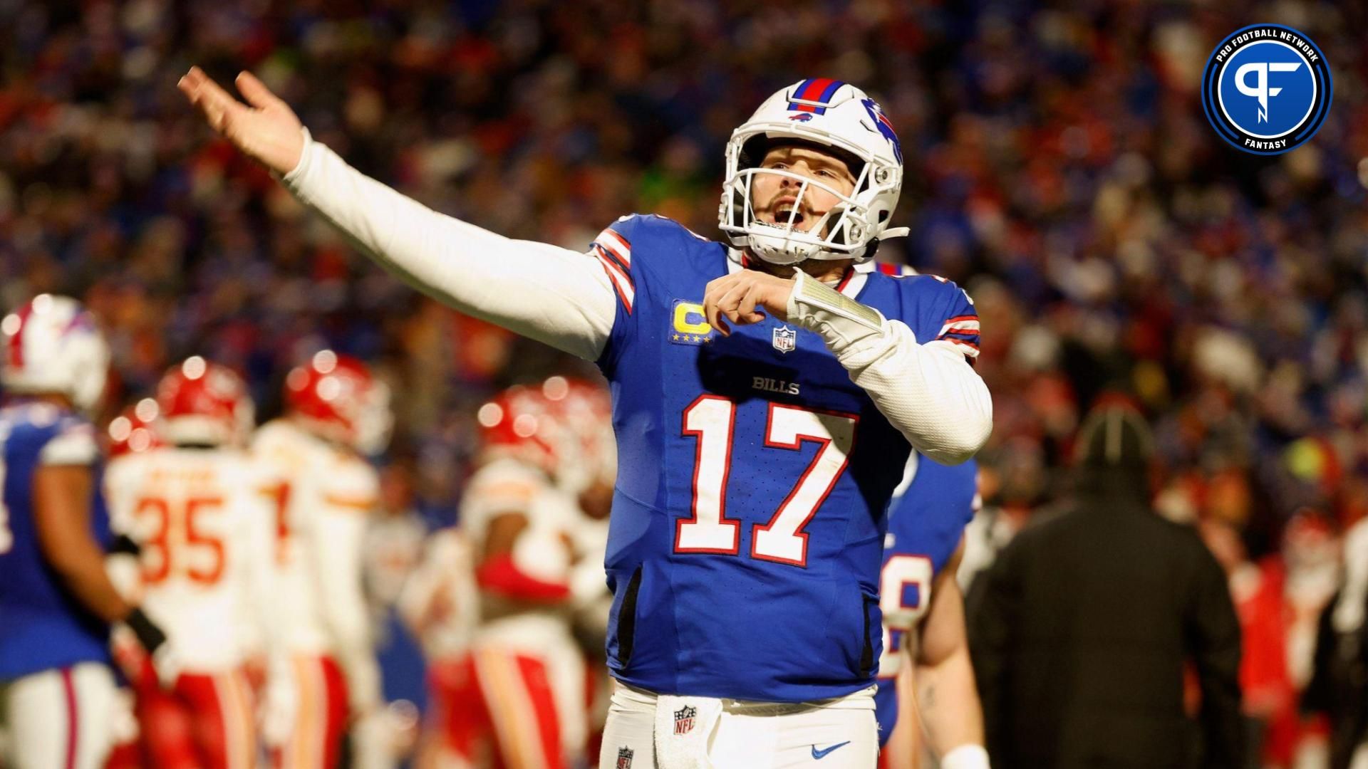 Buffalo Bills quarterback Josh Allen (17) reacts to his second touchdown to regain the lead against the Chiefs.