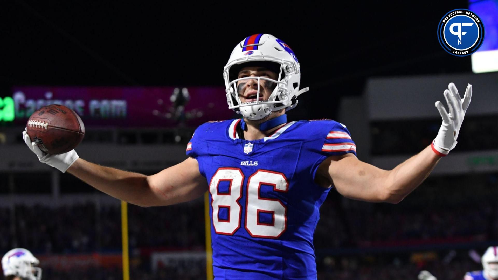 Buffalo Bills tight end Dalton Kincaid (86) celebrates scoring a touchdown against the Tampa Bay Buccaneers in the second quarter at Highmark Stadium. Mandatory Credit: Mark Konezny-USA