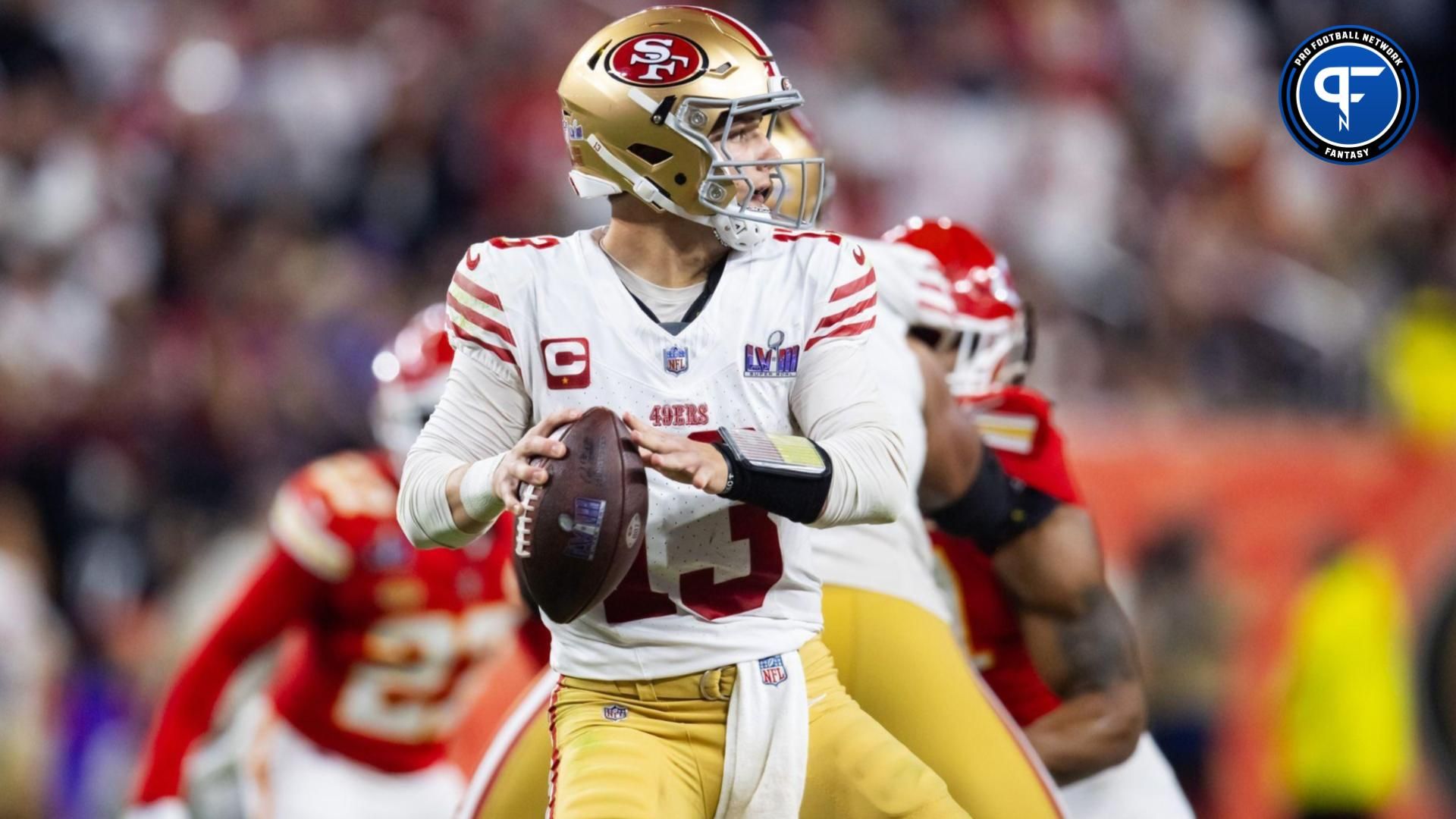 San Francisco 49ers quarterback Brock Purdy (13) throws a pass against the Kansas City Chiefs in the second half in Super Bowl LVIII at Allegiant Stadium.