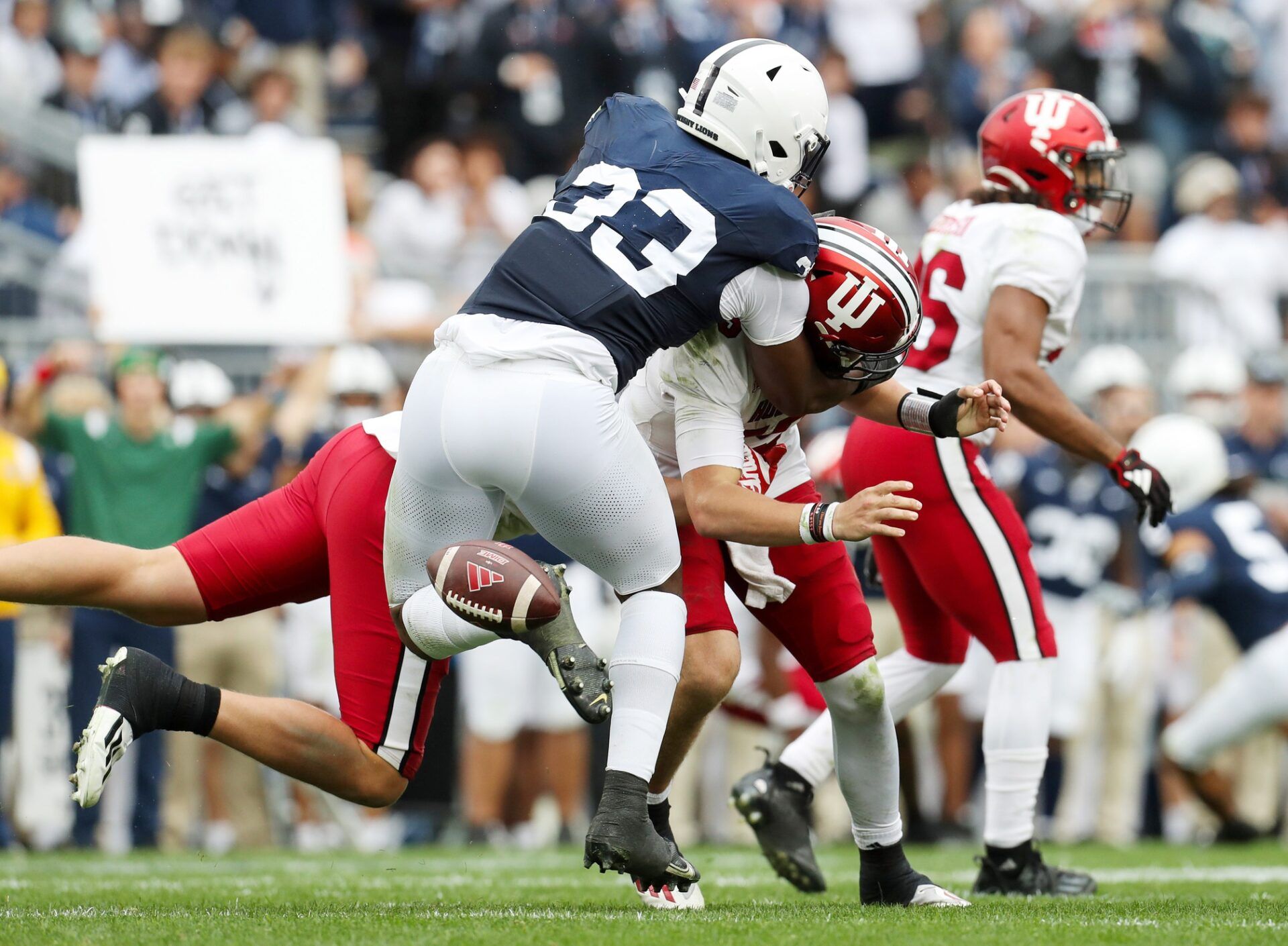 Penn State Nittany Lions defensive end Dani Dennis-Sutton (33) sacks Indiana Hoosiers quarterback Brendan Sorsby (15) resulting in a fumble during the fourth quarter at Beaver Stadium.