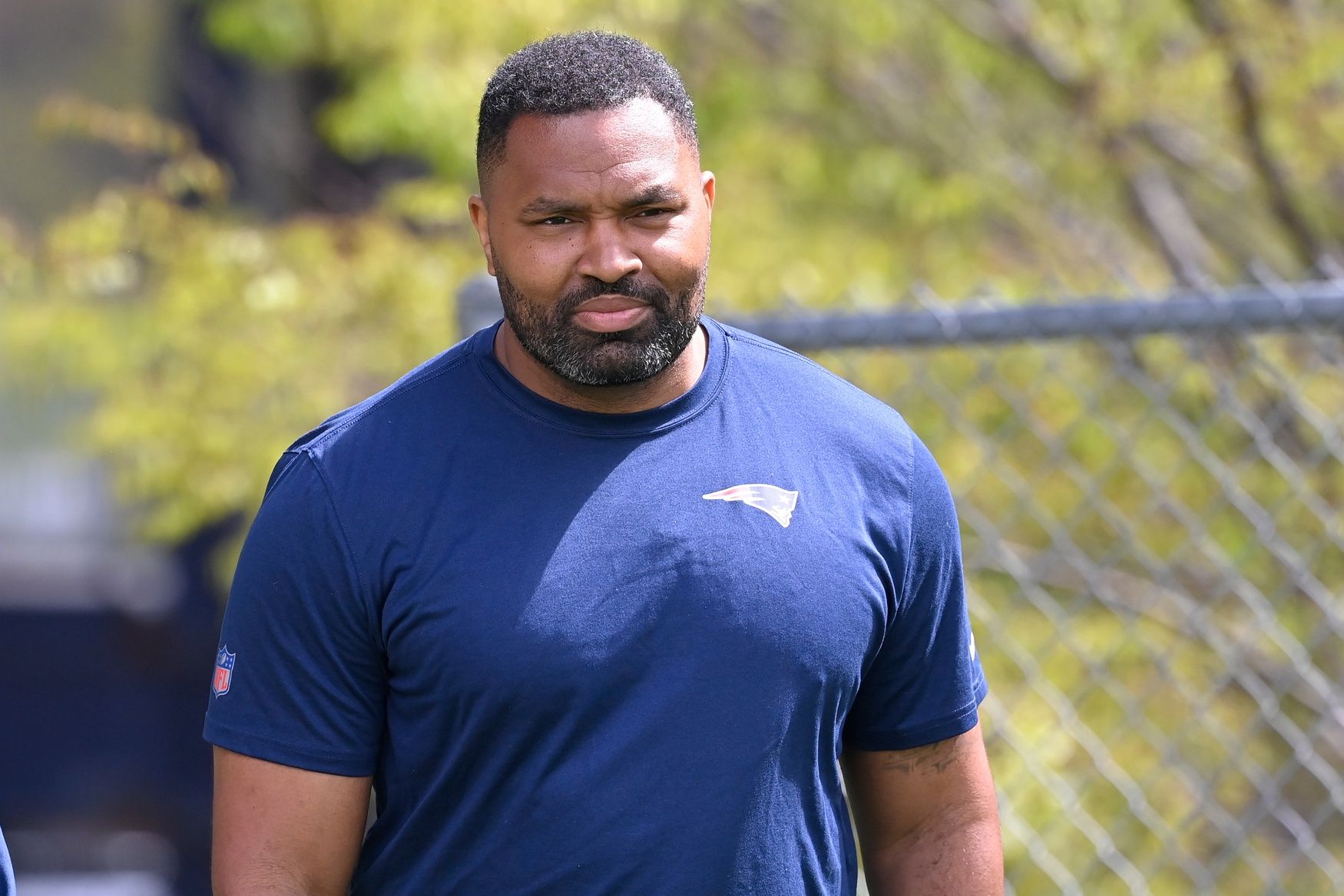 New England Patriots head coach Jerod Mayo arrives at the practice fields at the New England Patriots rookie camp at Gillette Stadium.