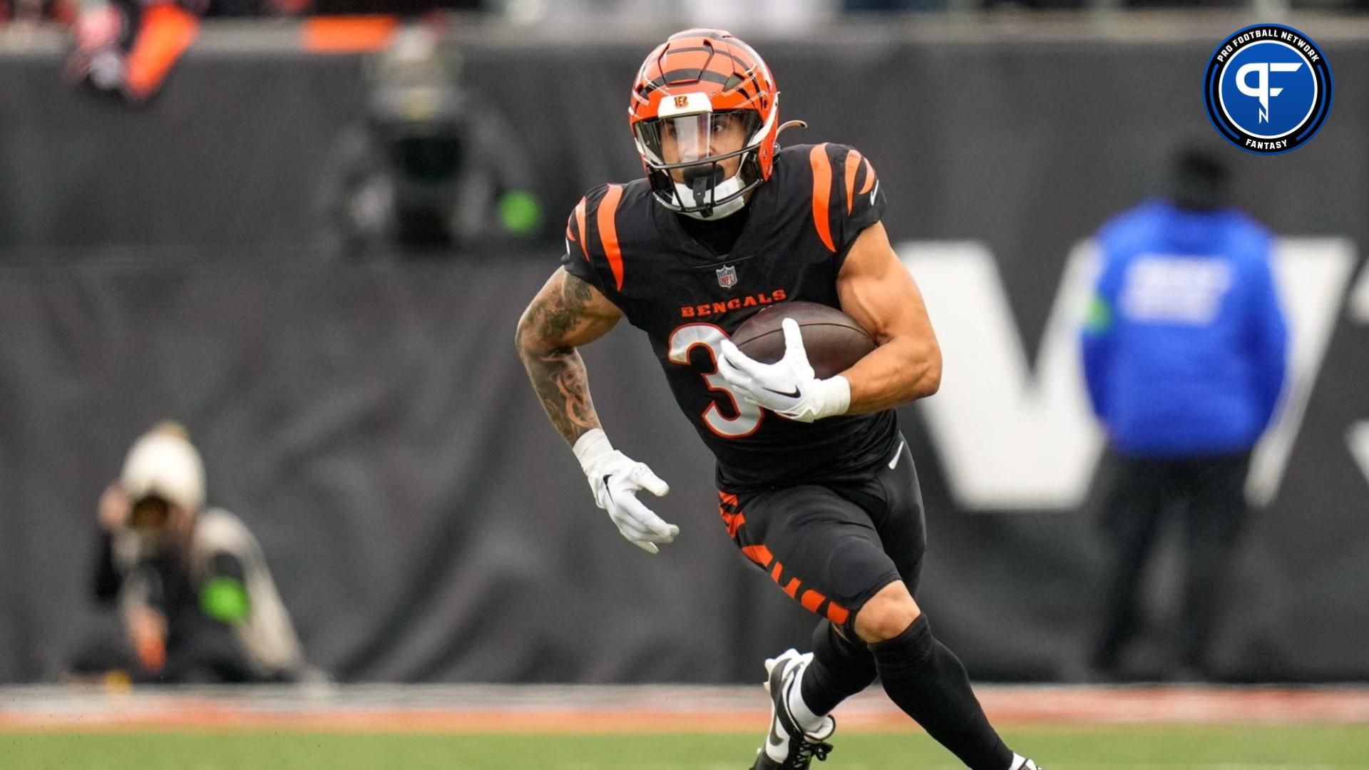 Cincinnati Bengals running back Chase Brown (30) makes a catch in the second quarter of the NFL Week 15 game between the Cincinnati Bengals and the Minnesota Vikings at PayCor Stadium in downtown Cincinnati on Saturday, Dec. 16, 2023.