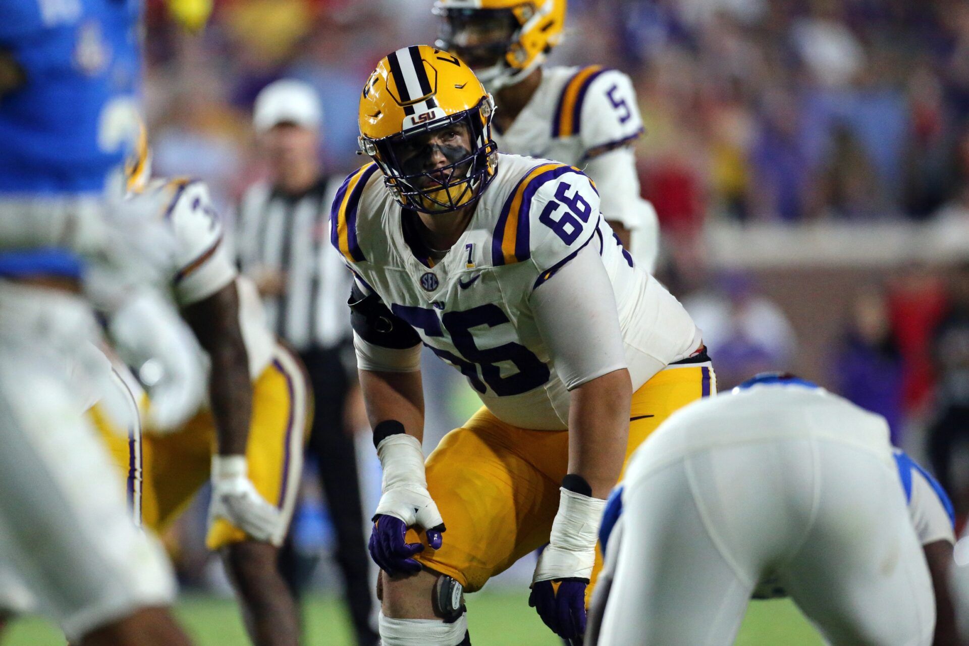 LSU Tigers offensive linemen Will Campbell (66) lines up before the snap during the second half against the Mississippi Rebels at Vaught-Hemingway Stadium. Mandatory Credit: Petre Thomas-USA TODAY Sports