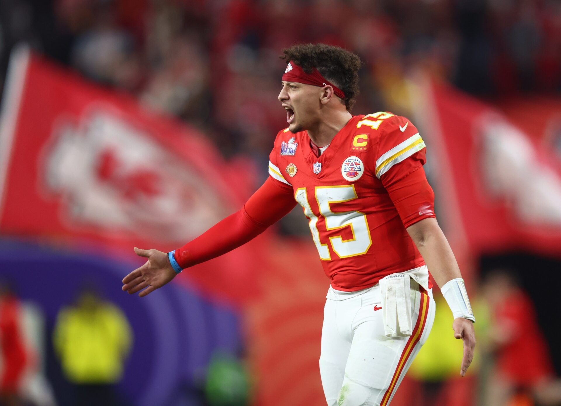 Kansas City Chiefs quarterback Patrick Mahomes (15) celebrates after a touchdown against the Kansas City Chiefs in the second half in Super Bowl LVIII at Allegiant Stadium. Mandatory Credit: Mark J. Rebilas-USA TODAY Sports