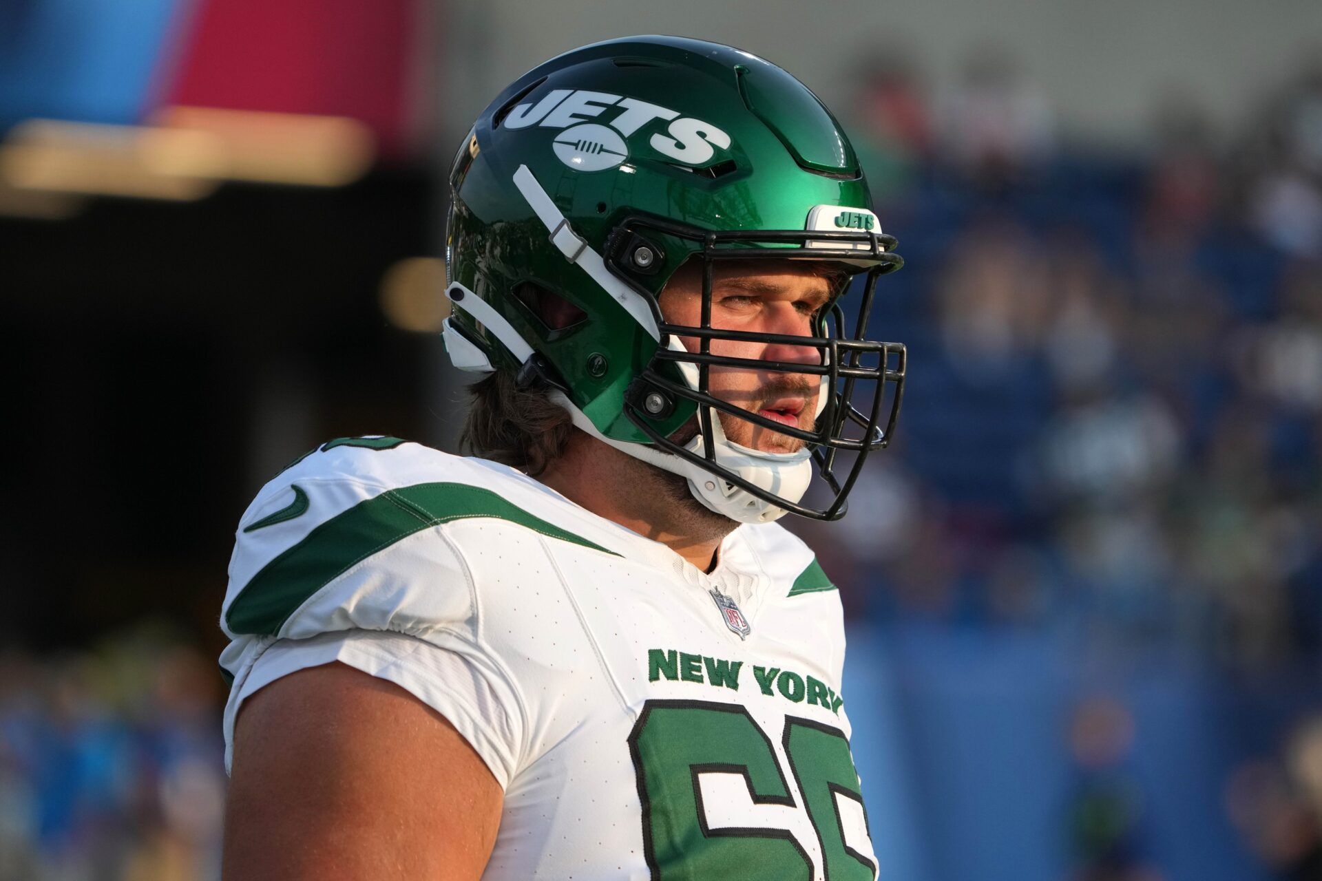 New York Jets center Joe Tippmann (66) reacts against the Cleveland Browns during the first half at Tom Benson Hall of Fame Stadium. Mandatory Credit: Kirby Lee-USA TODAY Sports