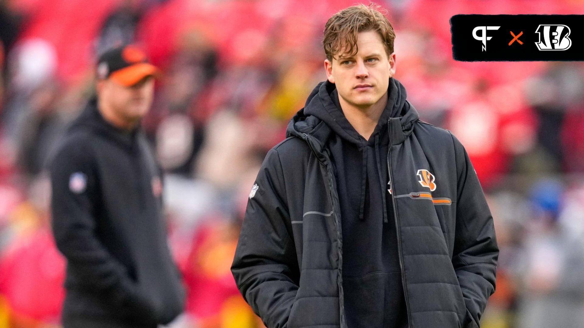 Injured Cincinnati Bengals quarterback Joe Burrow (9) walks the field before the first quarter of the NFL Week 17 game between the Kansas City Chiefs and the Cincinnati Bengals at Arrowhead Stadium in Kansas City, Mo., on Sunday, Dec. 31, 2023.