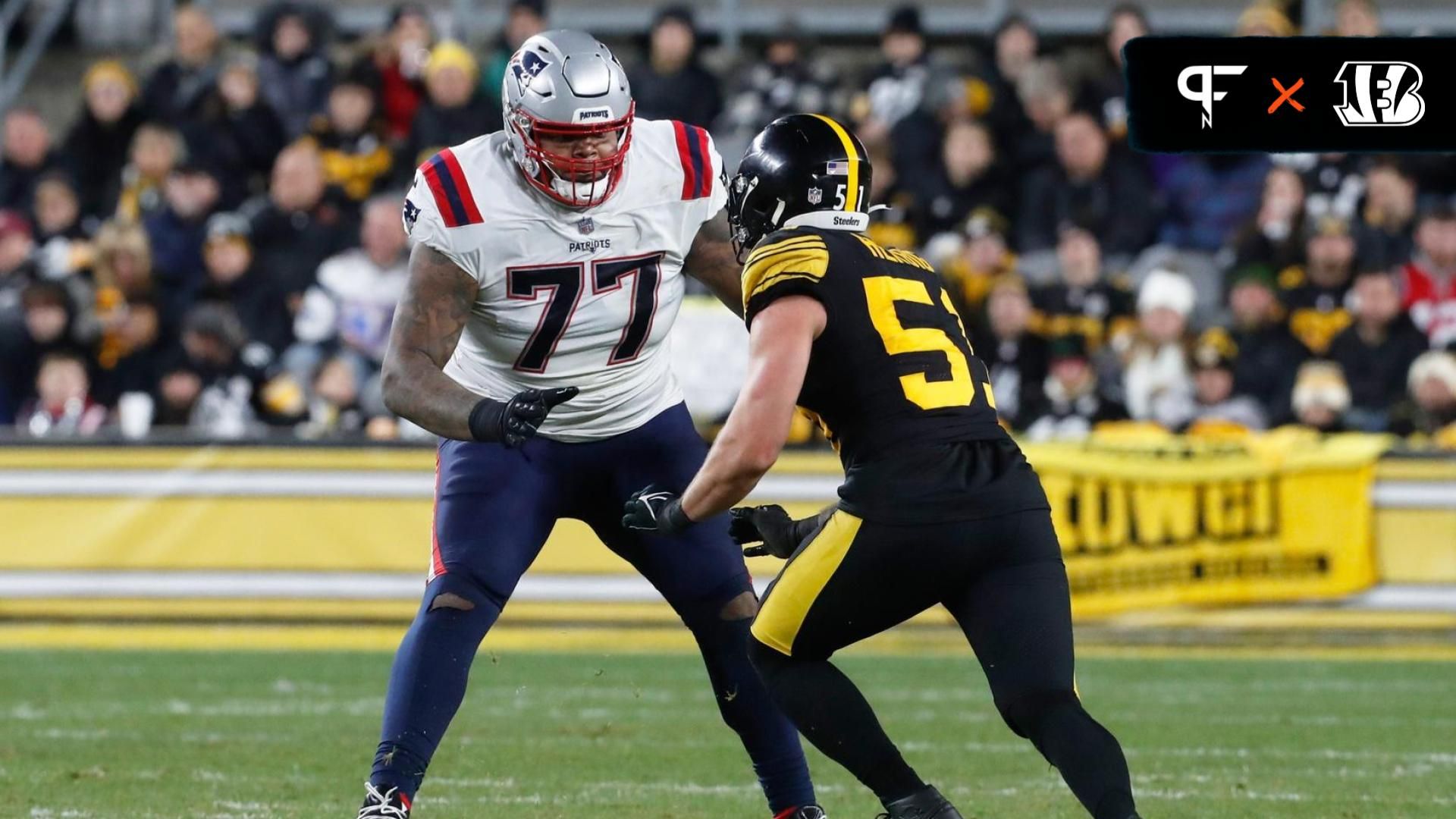 New England Patriots offensive tackle Trent Brown (77) blocks against Pittsburgh Steelers linebacker Nick Herbig (51) during the third quarter at Acrisure Stadium. Mandatory Credit: Charles LeClaire-USA TODAY Sports