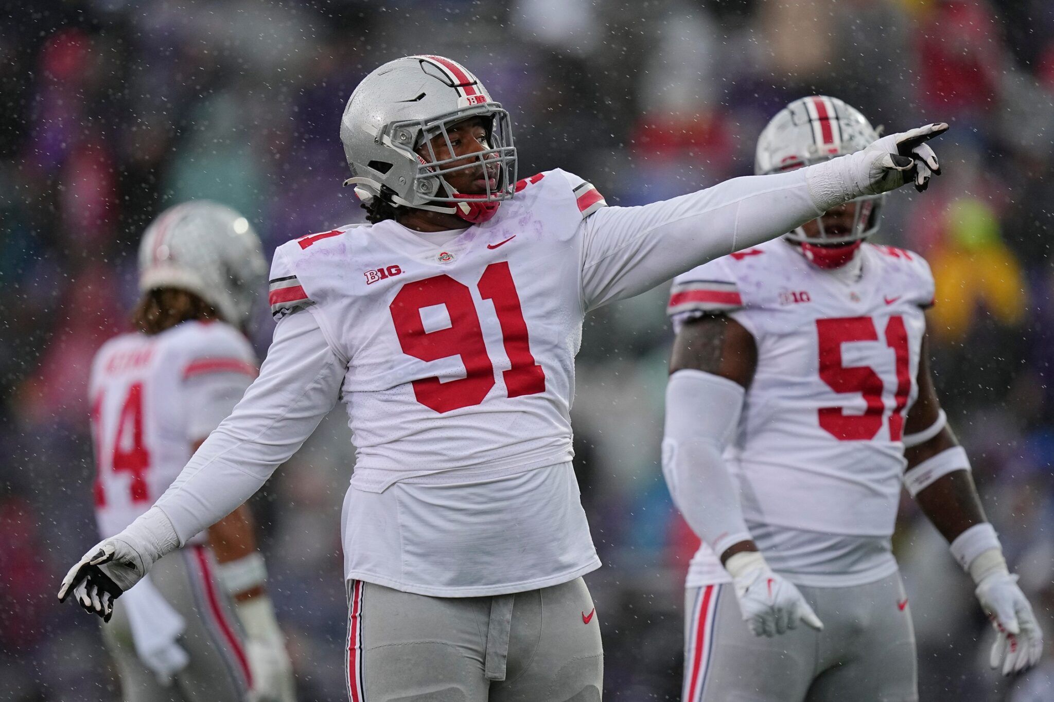 Ohio State defensive tackle Tyleik Williams points to a video replay during the first half of Saturday's game at Northwestern. Syndication The Columbus Dispatch