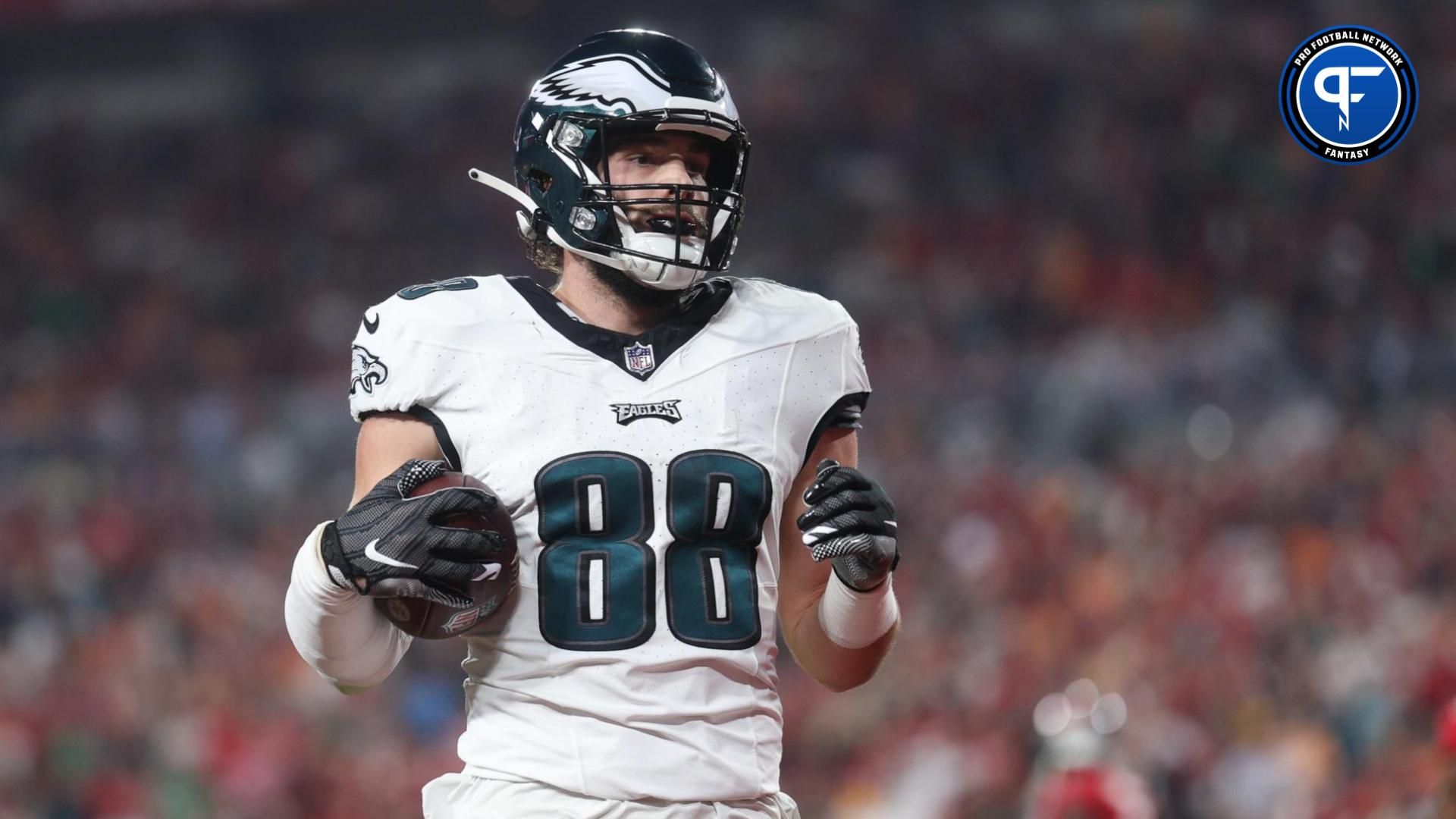 Philadelphia Eagles tight end Dallas Goedert (88) scores a touchdown against the Tampa Bay Buccaneers after a reception during the first half of a 2024 NFC wild card game at Raymond James Stadium. Mandatory Credit: Nathan Ray Seebeck-USA TODAY Sports