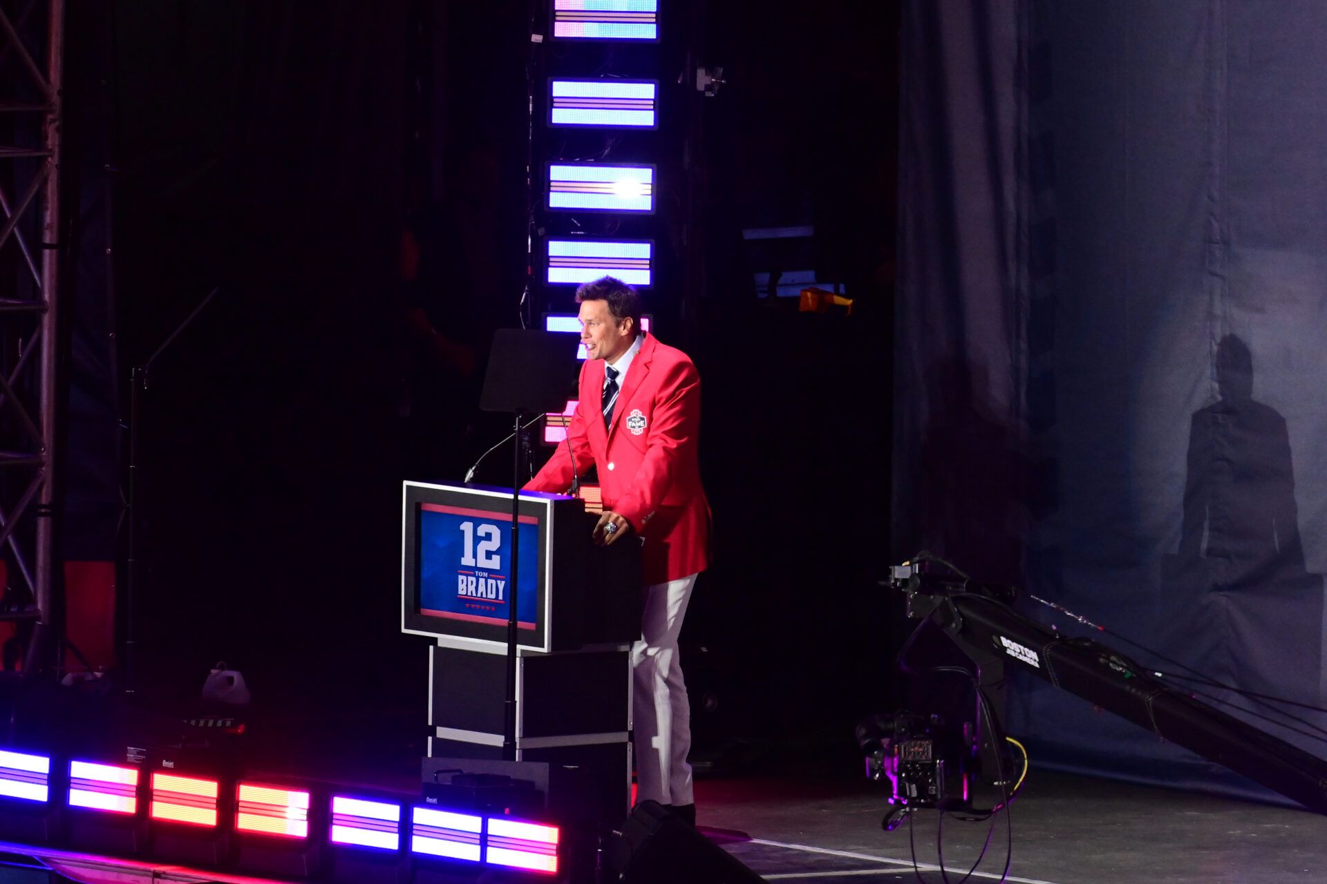 Former quarterback Tom Brady speaks during his induction event into the Patriots Hall of Fame.