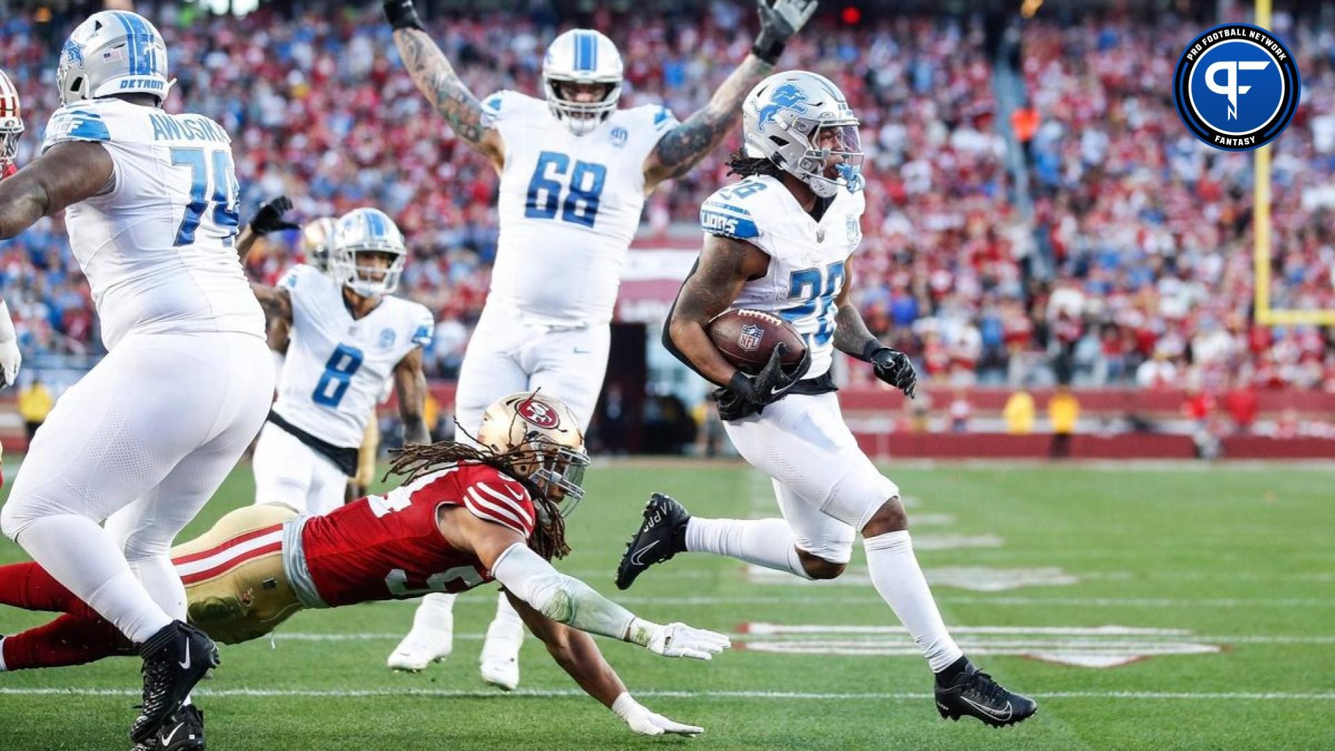 Lions running back Jahmyr Gibbs runs for a touchdown against the 49ers during the first half of the NFC championship game at Levi's Stadium in Santa Clara, California, on Sunday, Jan. 28, 2024. Where does he fall in our dynasty rankings?