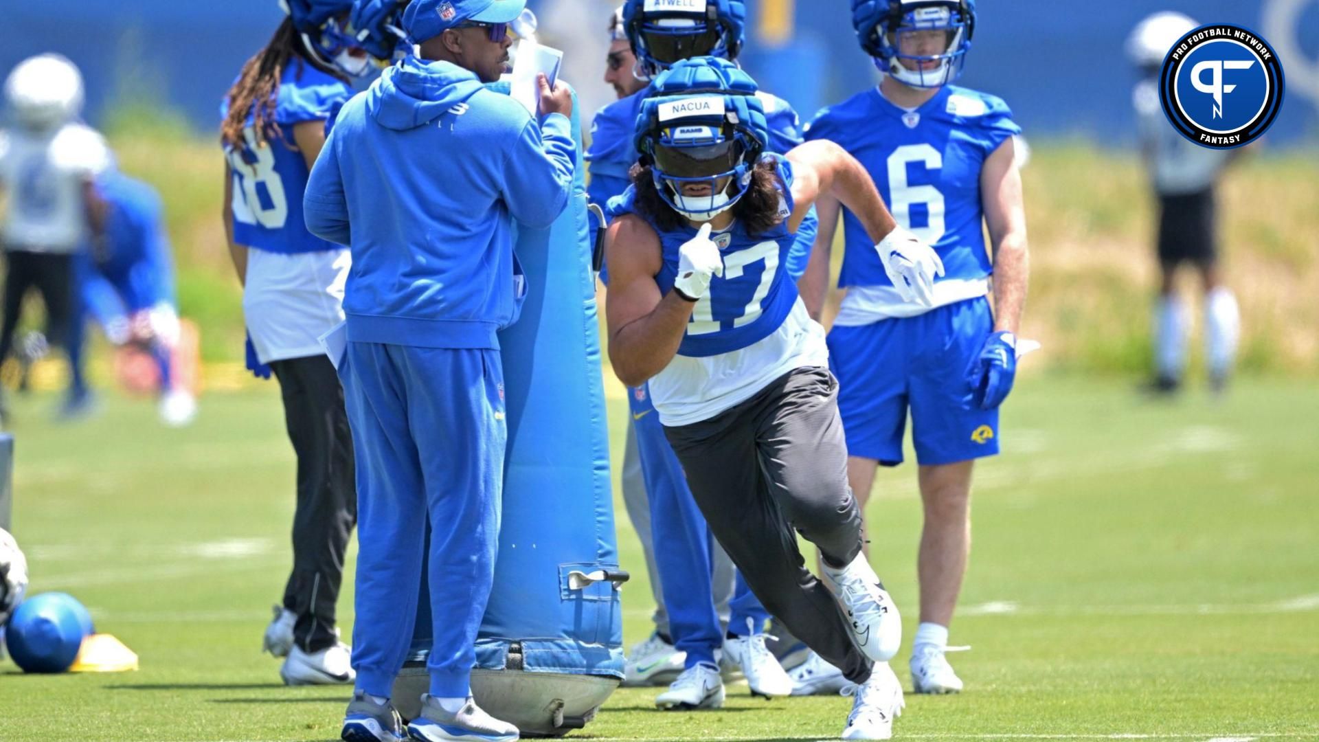Los Angeles Rams wide receiver Puka Nacua (17) runs a drill during OTAs at the team training facility at California Lutheran University. Where does he land in our dynasty rankings?