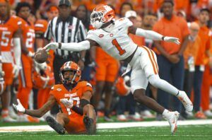 Clemson Tigers safety Andrew Mukuba (1) deflects a pass against the Syracuse Orange.