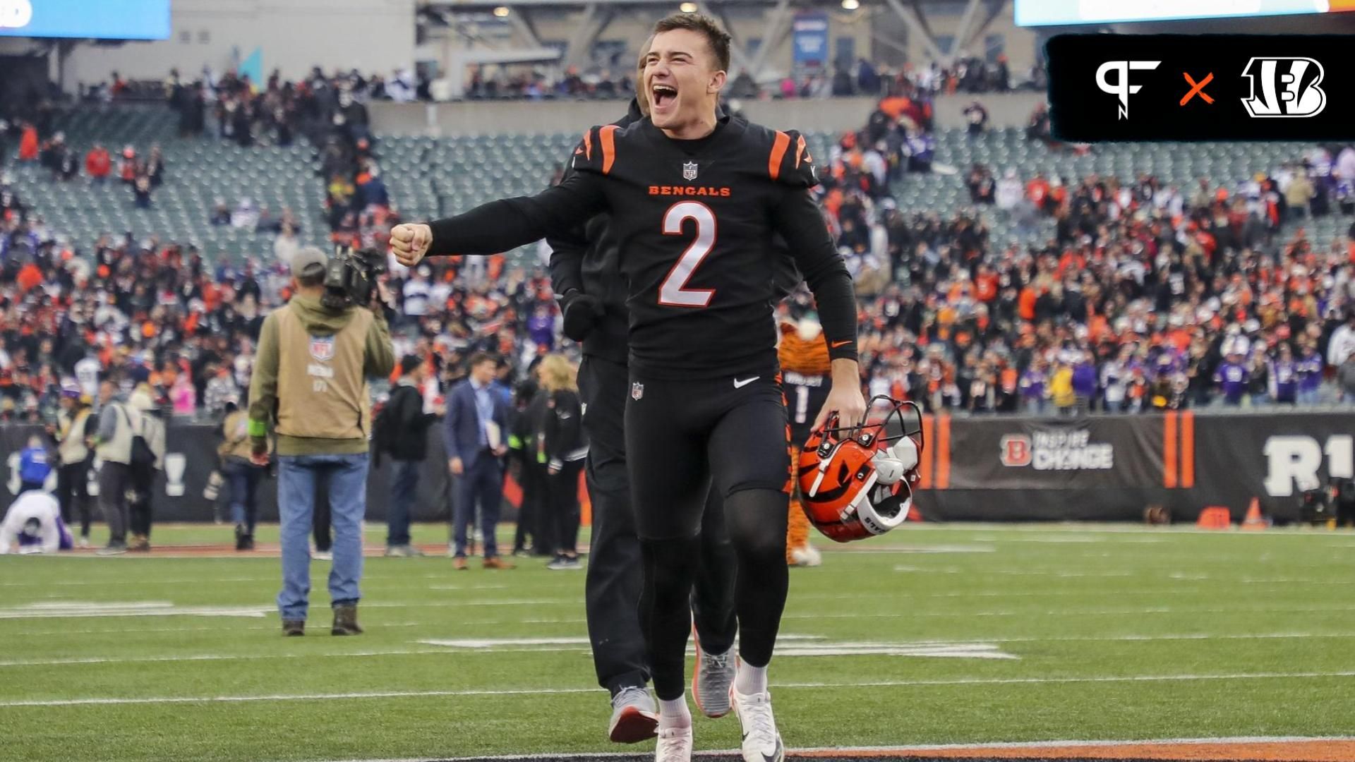 Cincinnati Bengals place kicker Evan McPherson (2) celebrates after the victory over the Minnesota Vikings at Paycor Stadium. Mandatory Credit: Katie Stratman-USA TODAY Sports