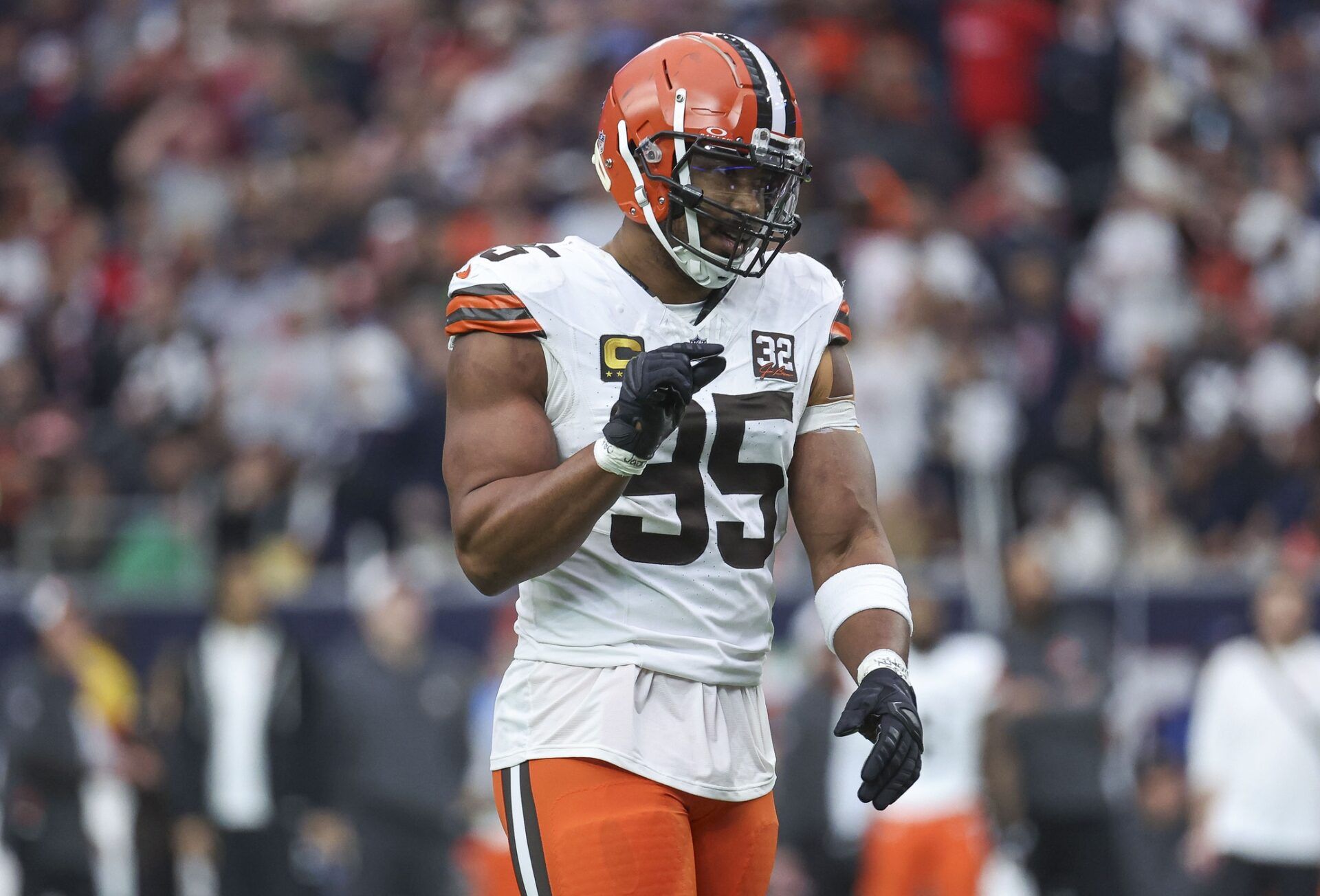 Cleveland Browns defensive end Myles Garrett (95) reacts in a 2024 AFC wild card game against the Houston Texans at NRG Stadium. Mandatory Credit: Troy Taormina-USA TODAY Sports