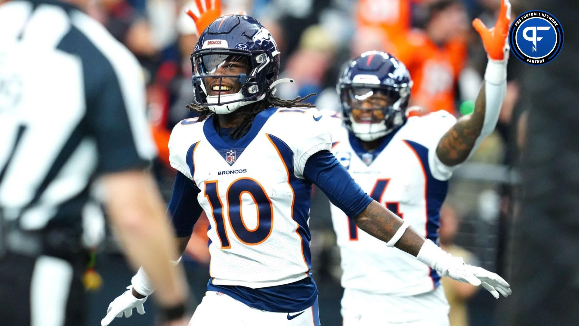 Denver Broncos wide receiver Jerry Jeudy (10) celebrates after scoring a touchdown against the Las Vegas Raiders during the second quarter at Allegiant Stadium.