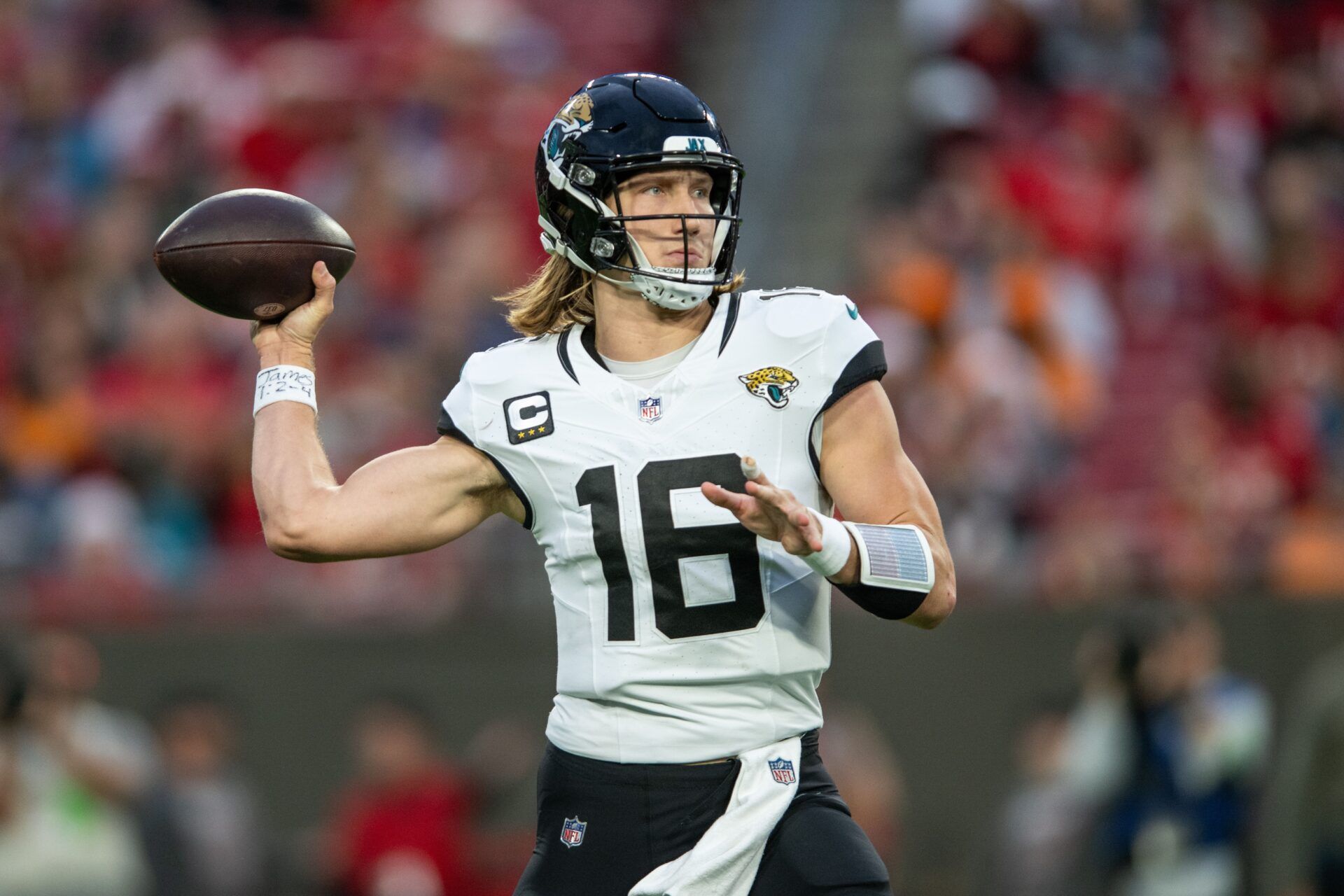 Jacksonville Jaguars quarterback Trevor Lawrence (16) throws the ball against the Tampa Bay Buccaneers in the second quarter at Raymond James Stadium. Mandatory Credit: Jeremy Reper-USA TODAY Sports