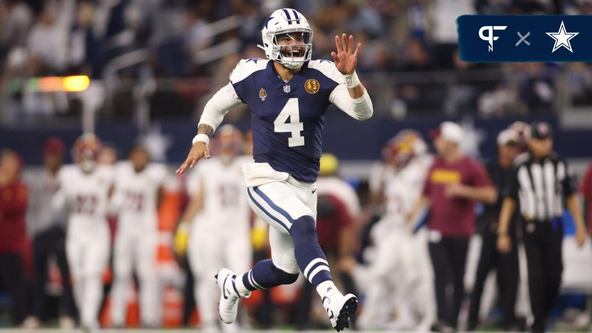 Dallas Cowboys quarterback Dak Prescott (4) celebrates throwing a touchdown in the fourth quarter against the Washington Commanders at AT&T Stadium. Mandatory Credit: Tim Heitman-USA TODAY Sports