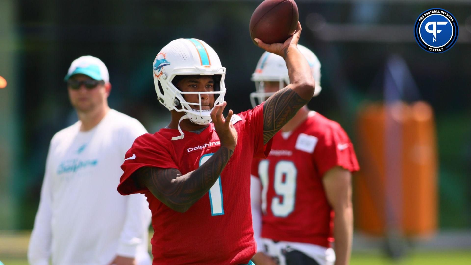 Miami Dolphins quarterback Tua Tagovailoa (1) throws the football during mandatory minicamp at Baptist Health Training Complex.