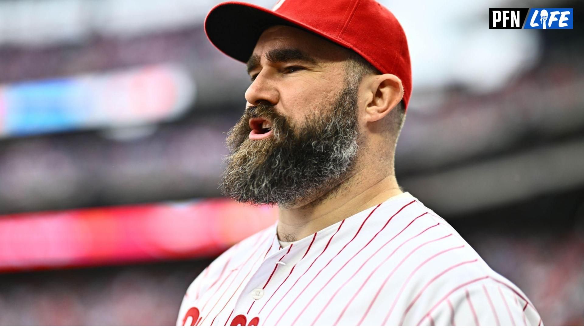 Former Philadelphia Eagle Jason Kelce reacts before the game between the Philadelphia Phillies and Atlanta Braves at Citizens Bank Park.