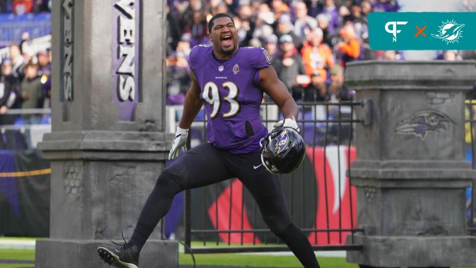 Baltimore Ravens defensive end Calais Campbell (93) enters the field prior to the game against the Denver Broncos at M&T Bank Stadium. Mandatory Credit: Mitch Stringer-USA TODAY Sports