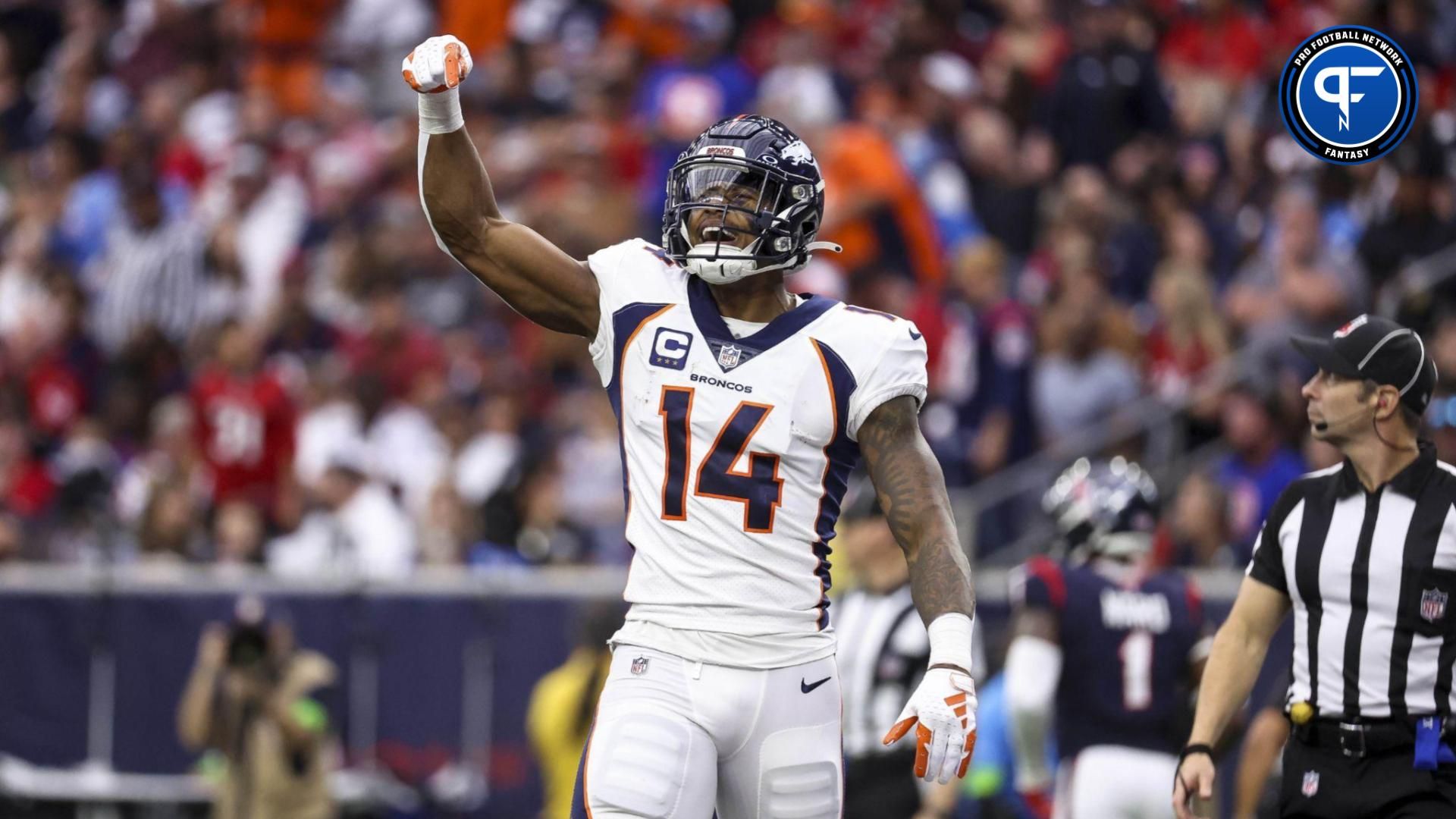 Denver Broncos WR Courtland Sutton (14) reacts after a touchdown against the Houston Texans.