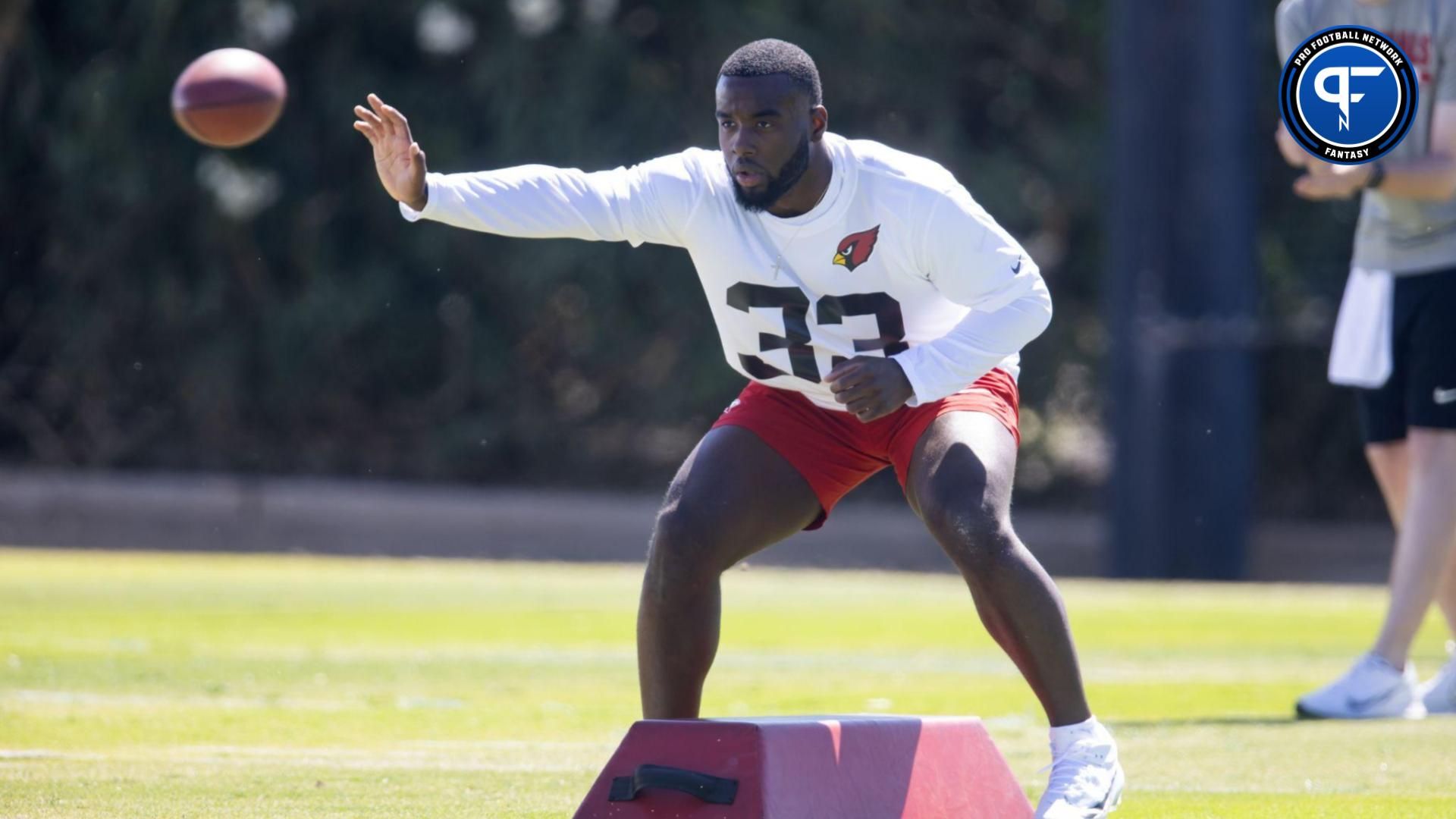 Arizona Cardinals running back Trey Benson (33) during rookie minicamp at the teams Tempe Training Facility. Mandatory Credit: Mark J. Rebilas-USA TODAY Sports