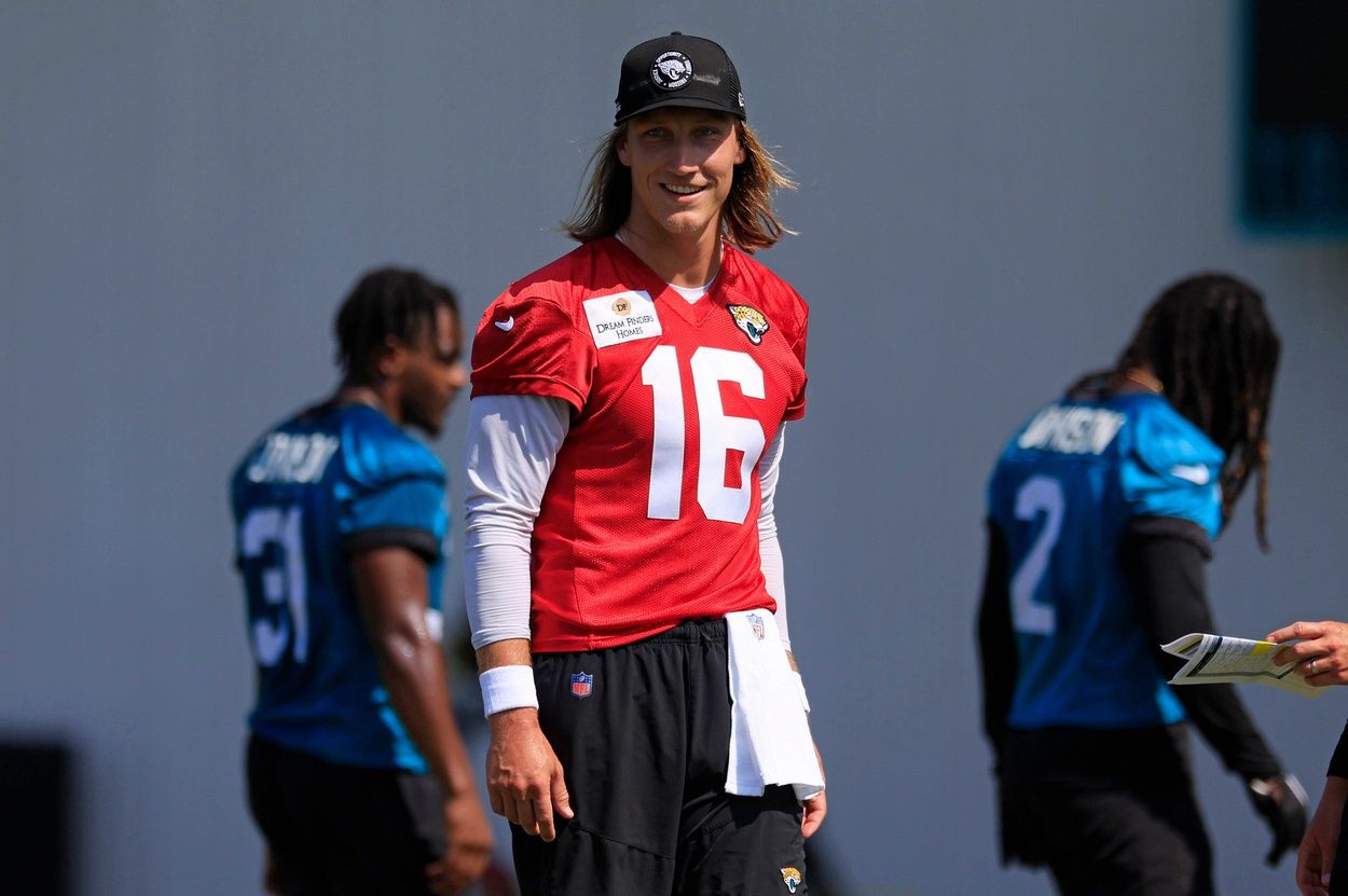 Jacksonville Jaguars quarterback Trevor Lawrence (16) looks on during an organized team activity Tuesday, May 28, 2024 at EverBank Stadium’s Miller Electric Center in Jacksonville, Fla.