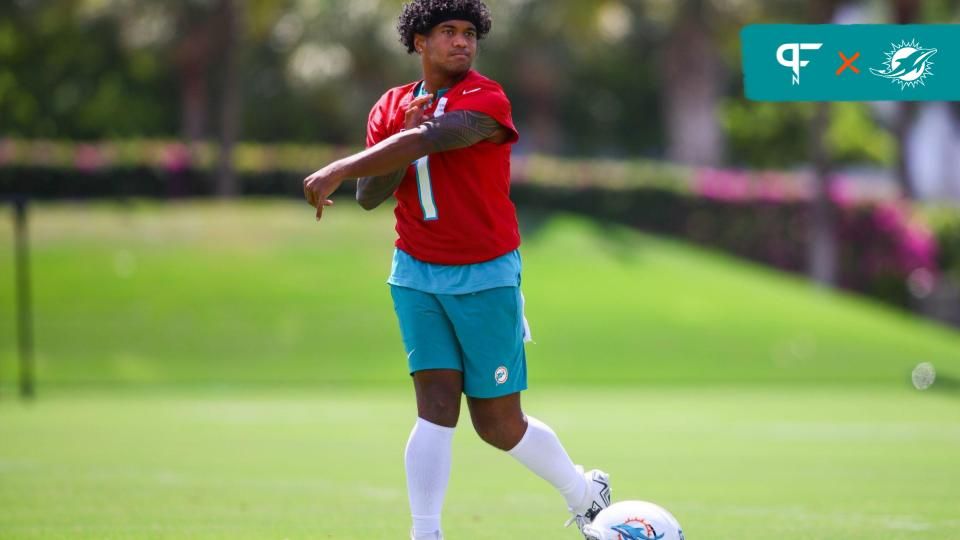 Miami Dolphins QB Tua Tagovailoa (1) throws a pass during the team's mandatory minicamp.