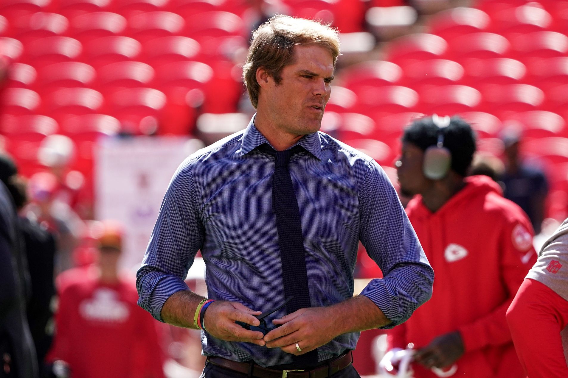 Sports broadcaster Greg Olsen on field against the Chicago Bears prior to a game at GEHA Field at Arrowhead Stadium. Mandatory Credit: Denny Medley-USA TODAY Sports