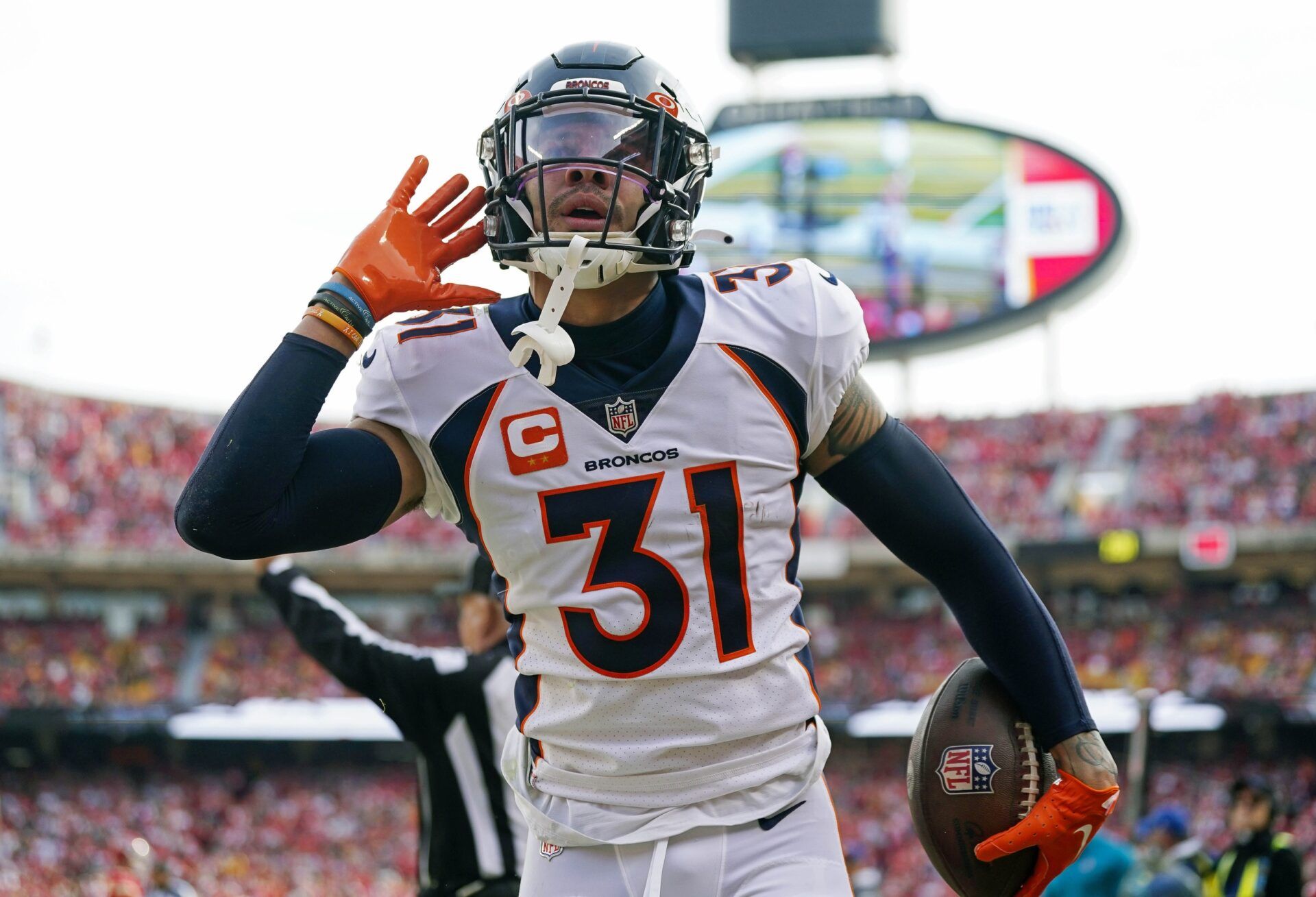 Philadelphia Eagles free agent target and Denver Broncos safety Justin Simmons (31) celebrates after an interception during the first half against the Kansas City Chiefs at GEHA Field at Arrowhead Stadium.