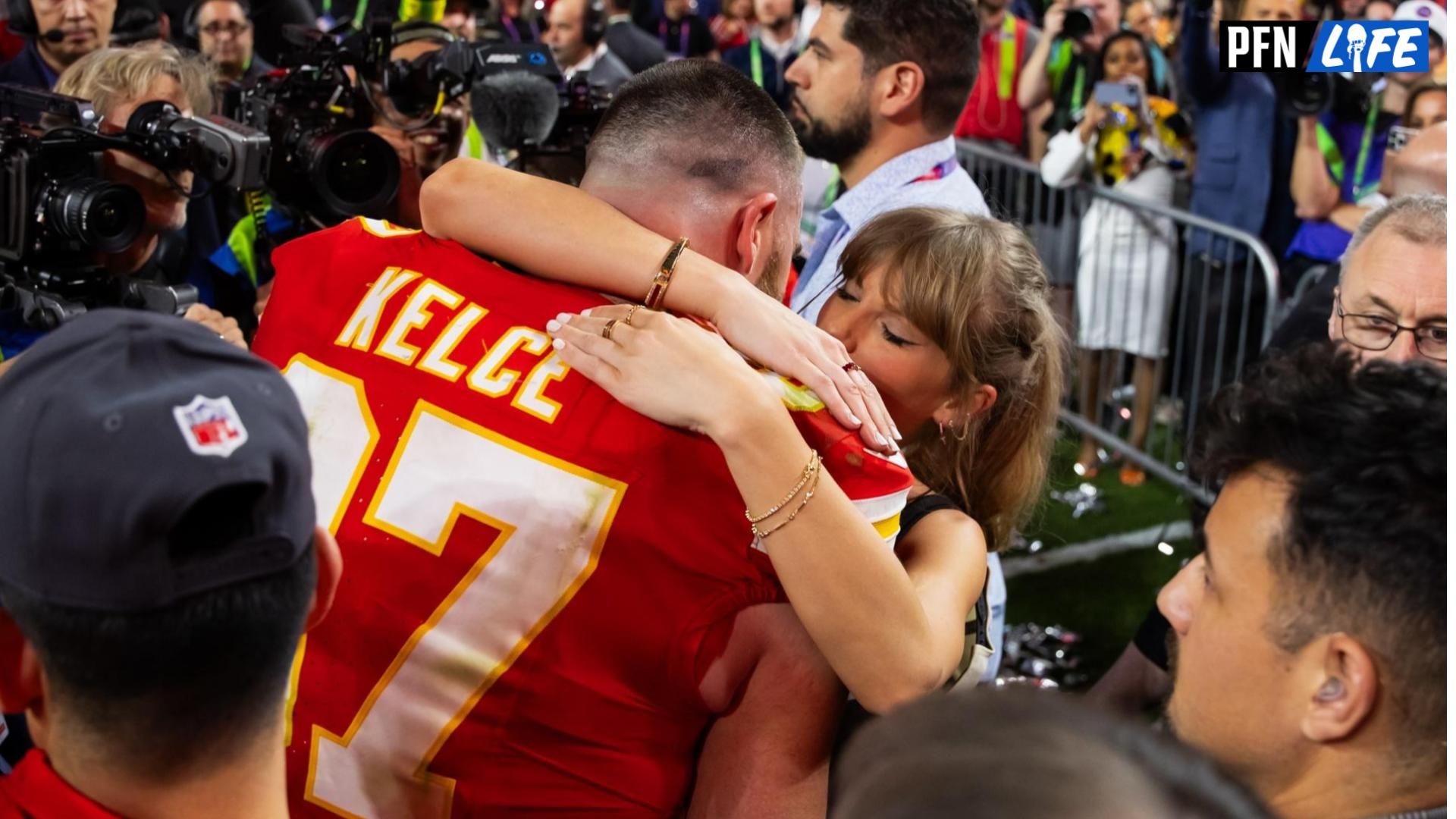 Kansas City Chiefs tight end Travis Kelce (87) celebrates with girlfriend Taylor Swift after defeating the San Francisco 49ers in Super Bowl LVIII at Allegiant Stadium.