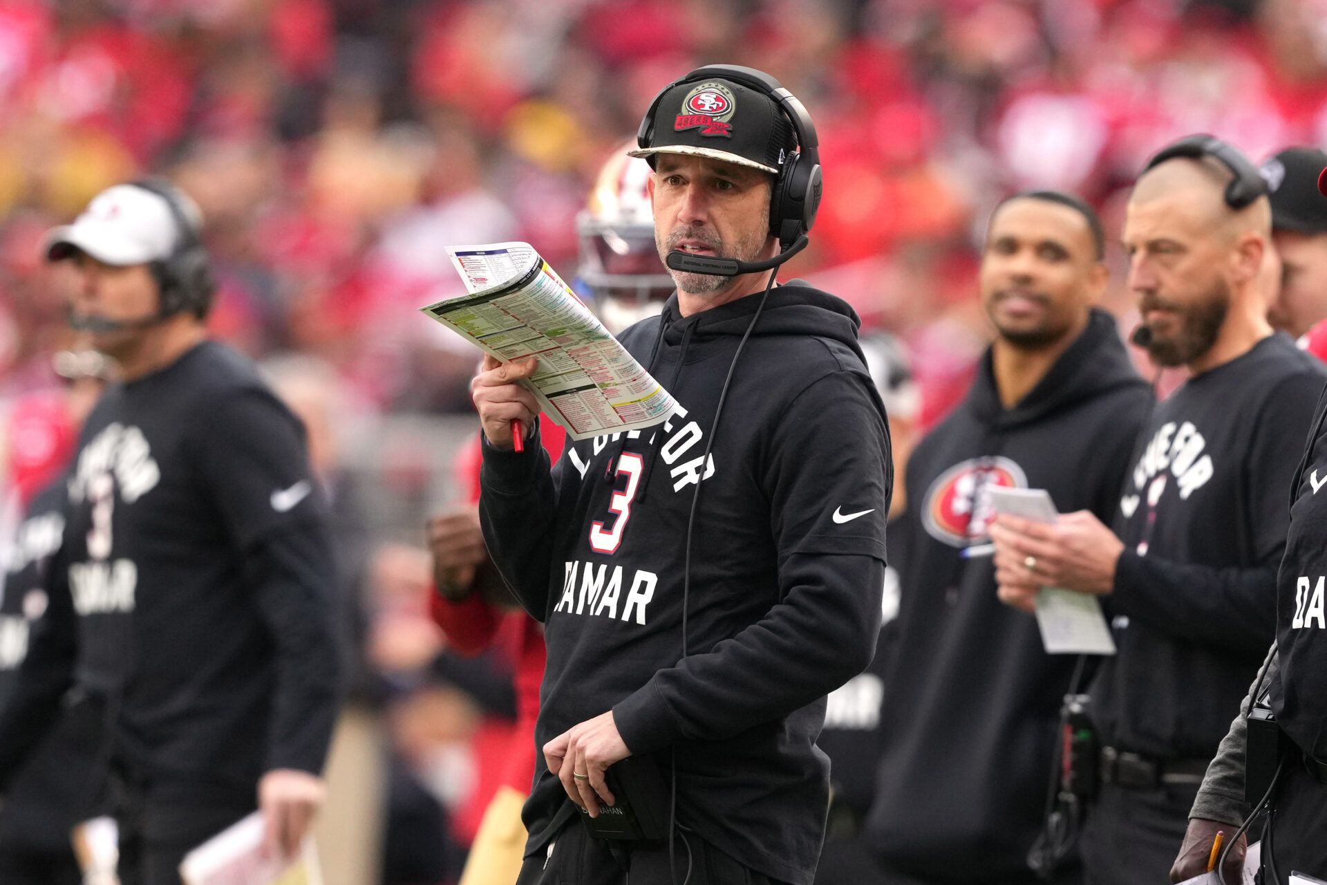 Jan 8, 2023; Santa Clara, California, USA; San Francisco 49ers head coach Kyle Shanahan talks during the second quarter against the Arizona Cardinals at Levi's Stadium. Mandatory Credit: Darren Yamashita-USA TODAY Sports