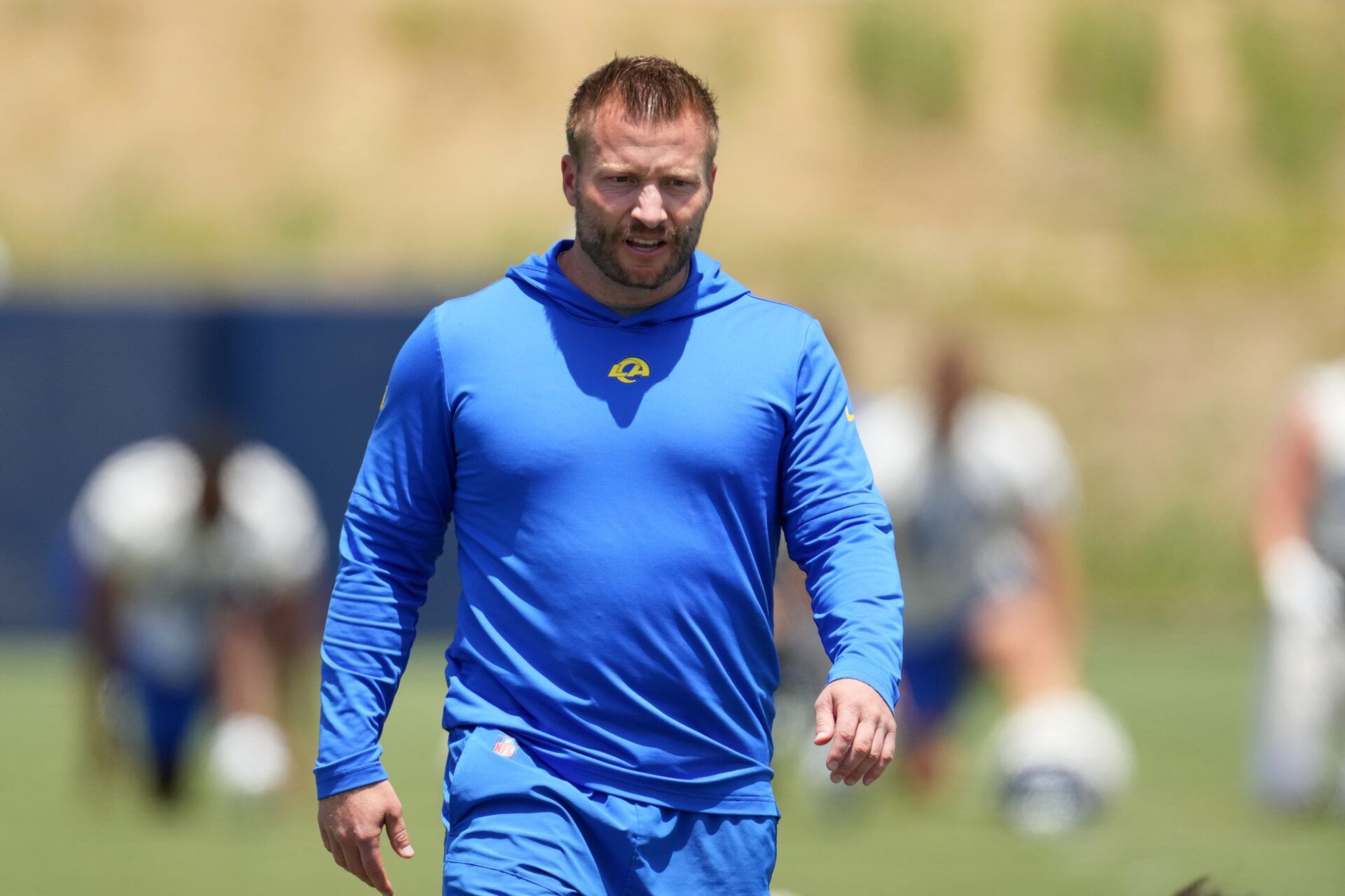 Los Angeles Rams coach Sean McVay reacts during organized team activities at Cal Lutheran University.