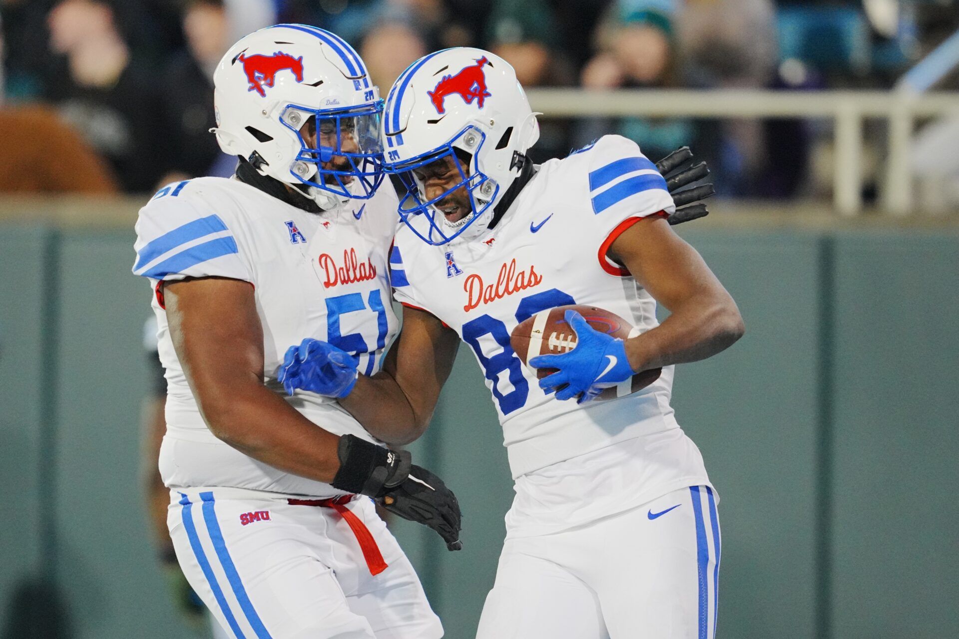 Southern Methodist Mustangs tight end RJ Maryland (82) celebrates a touchdown against the Tulane Green Wave during the first half at Yulman Stadium. Mandatory Credit: Andrew Wevers-USA TODAY Sports