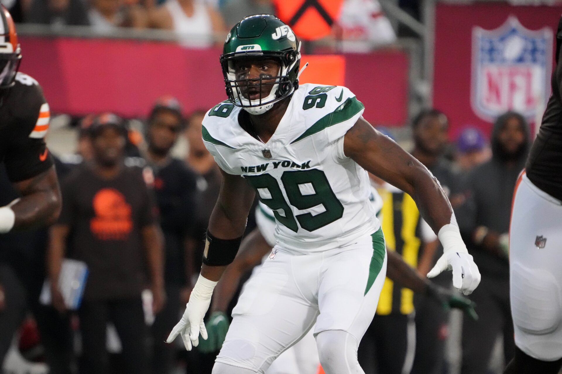 New York Jets defensive end Will McDonald IV (99) against the Cleveland Browns during the first half at Tom Benson Hall of Fame Stadium. Mandatory Credit: Kirby Lee-USA TODAY Sports