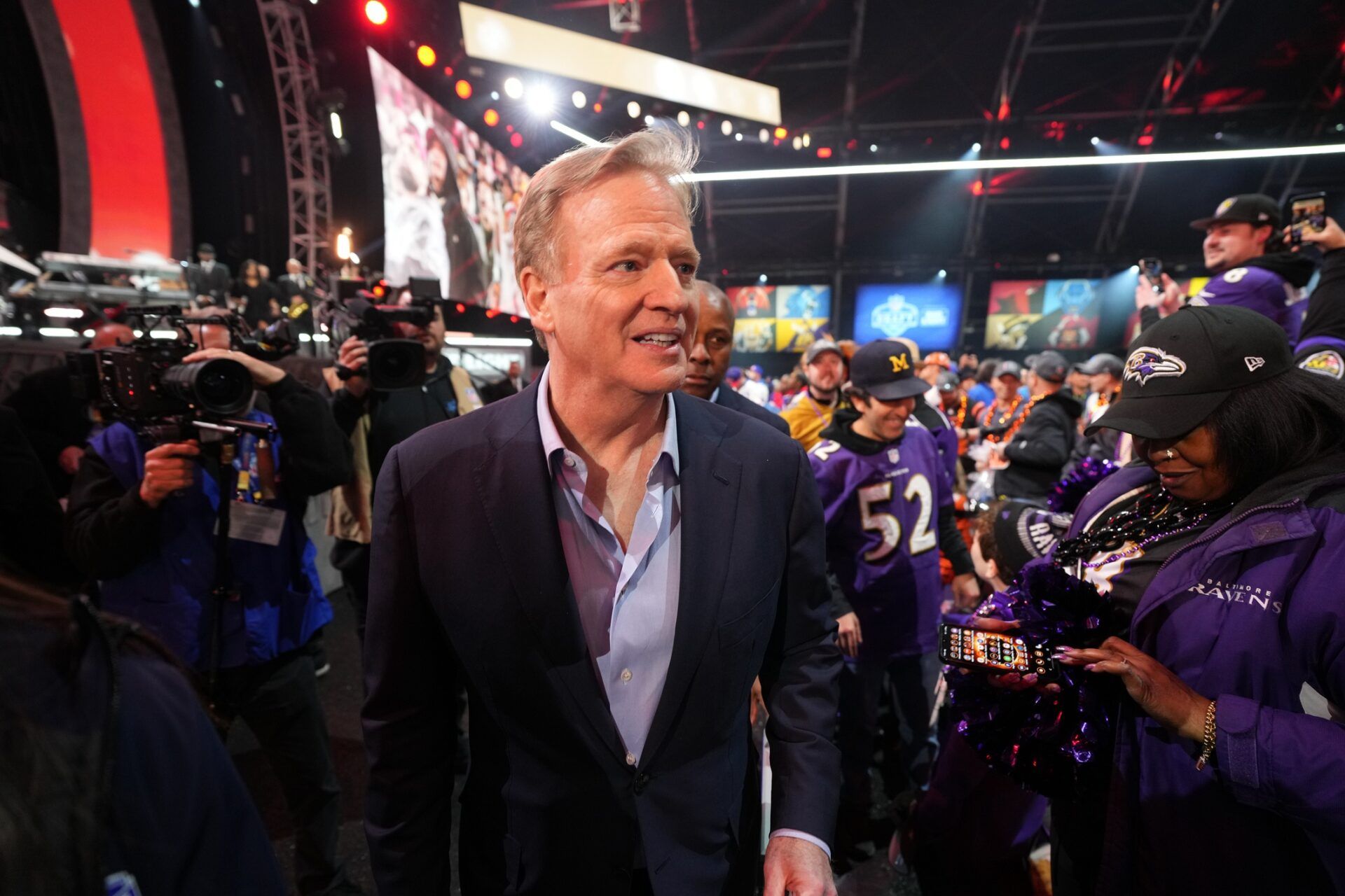 NFL Sunday Ticket Trial: NFL commissioner Roger Goodell walks through the crowd during the 2024 NFL Draft at Campus Martius Park and Hart Plaza.