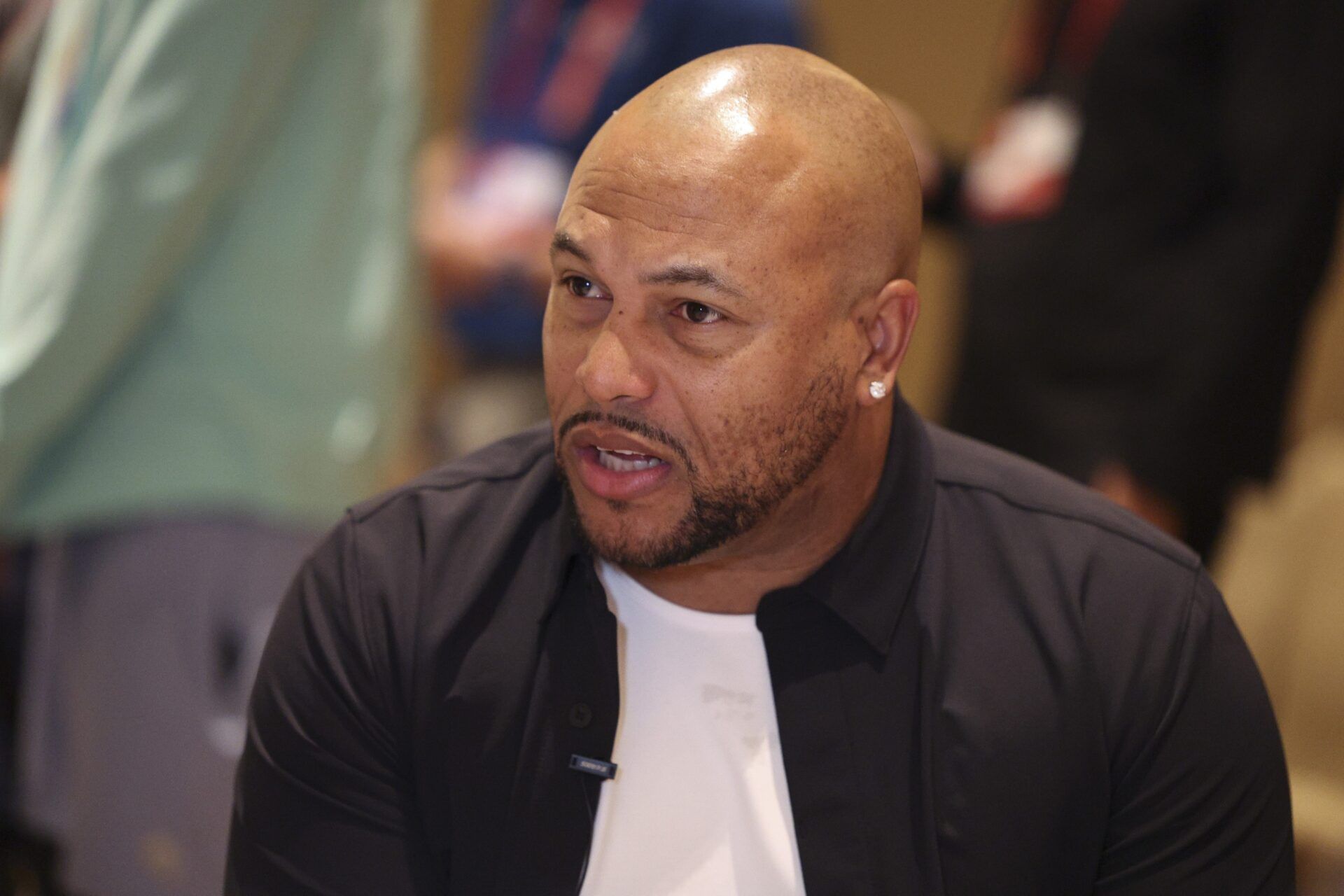 Las Vegas Raiders head coach Antonio Pierce talks to media during the NFL annual league meetings at the JW Marriott.