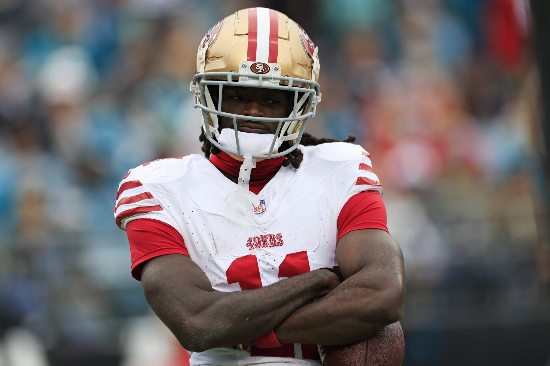 San Francisco 49ers WR Brandon Aiyuk (11) crosses his arms after scoring a touchdown against the Jacksonville Jaguars.