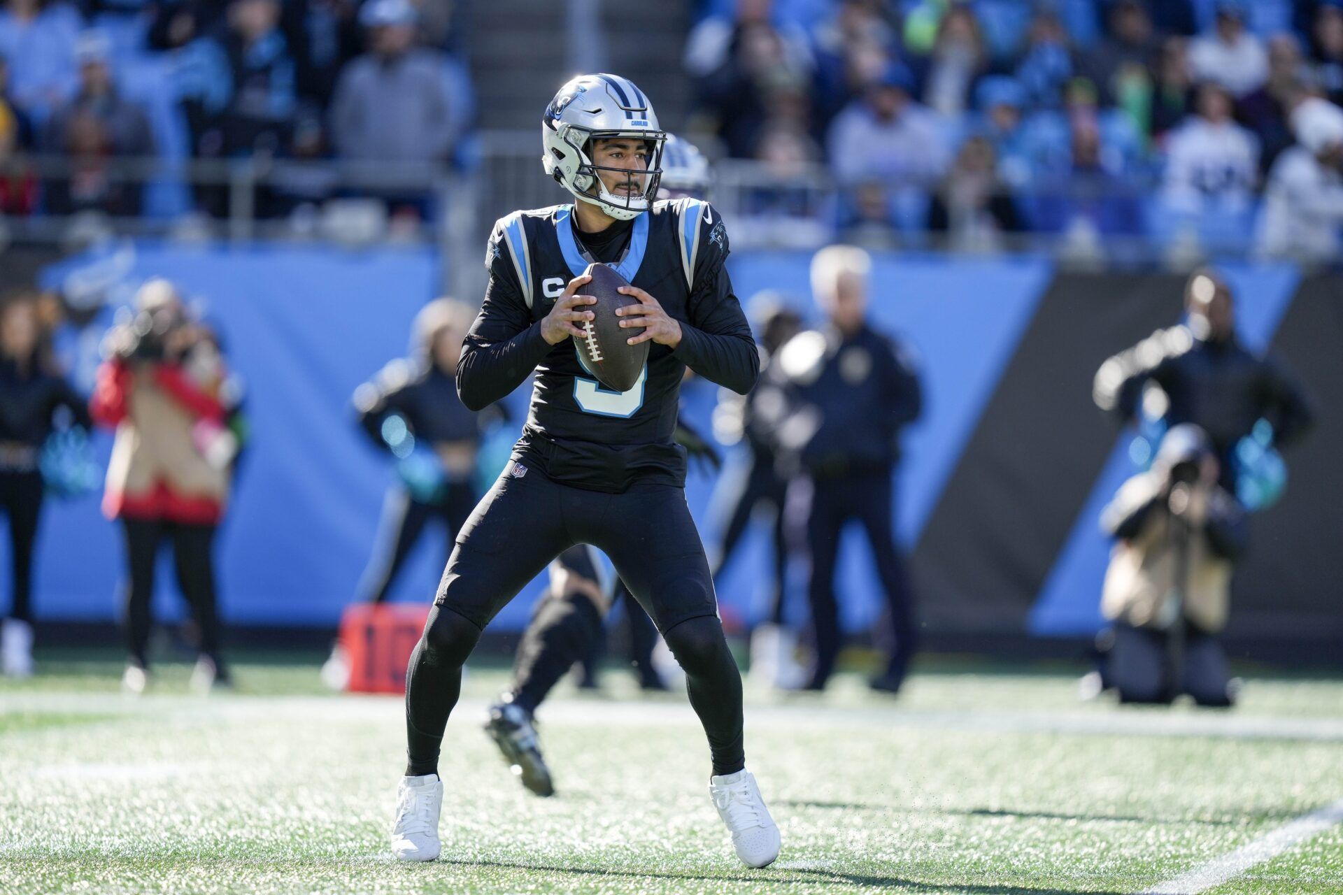 Carolina Panthers quarterback Bryce Young (9) drops back to pass against the Tampa Bay Buccaneers during the first quarter at Bank of America Stadium. Mandatory Credit: Jim Dedmon-USA TODAY Sports