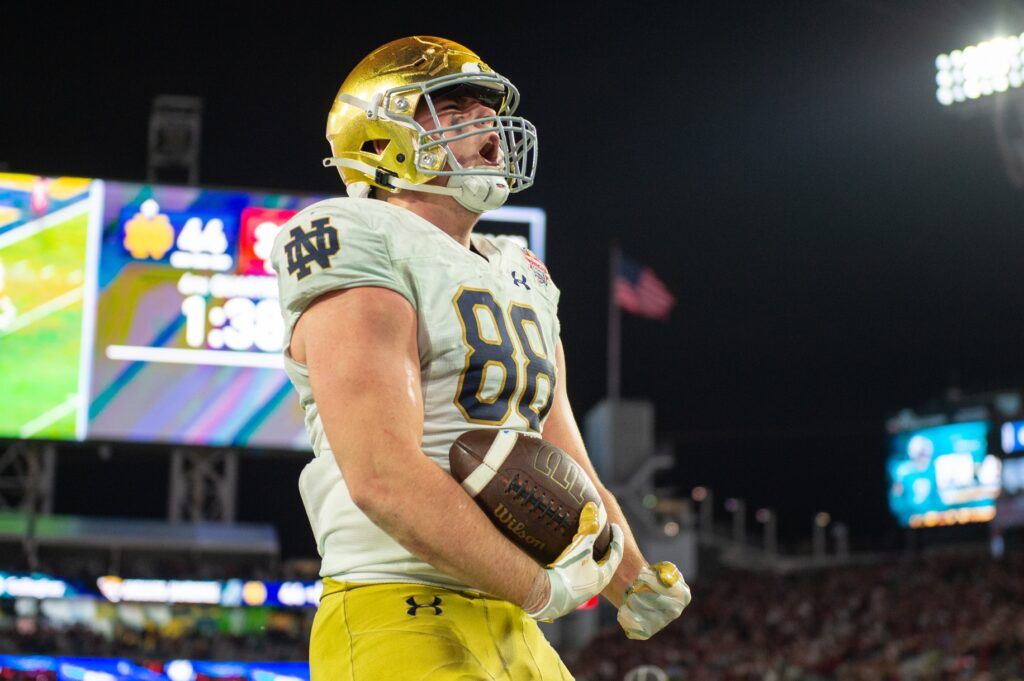 Notre Dame Fighting Irish tight end Mitchell Evans (88) celebrates his touchdown against the South Carolina Gamecocks in the fourth quarter in the 2022 Gator Bowl at TIAA Bank Field. Mandatory Credit: Jeremy Reper-USA TODAY Sports