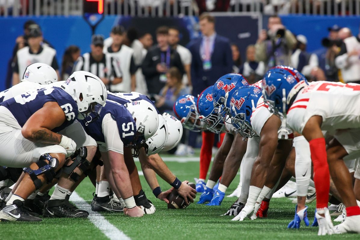 A general view of the line of scrimmage during a game between the Mississippi Rebels and Penn State Nittany Lions in the first quarter at Mercedes-Benz Stadium. The International Federation of American Football has trended due to the USA's defeat at the hands of Japan this week. Mandatory Credit: Brett Davis-USA TODAY Sports