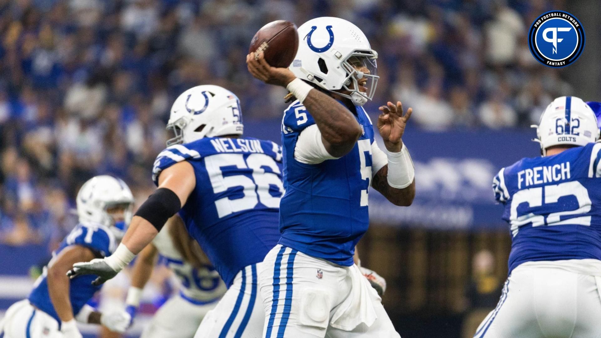 Indianapolis Colts quarterback Anthony Richardson (5) passes the ball in the second half against the Los Angeles Rams at Lucas Oil Stadium.