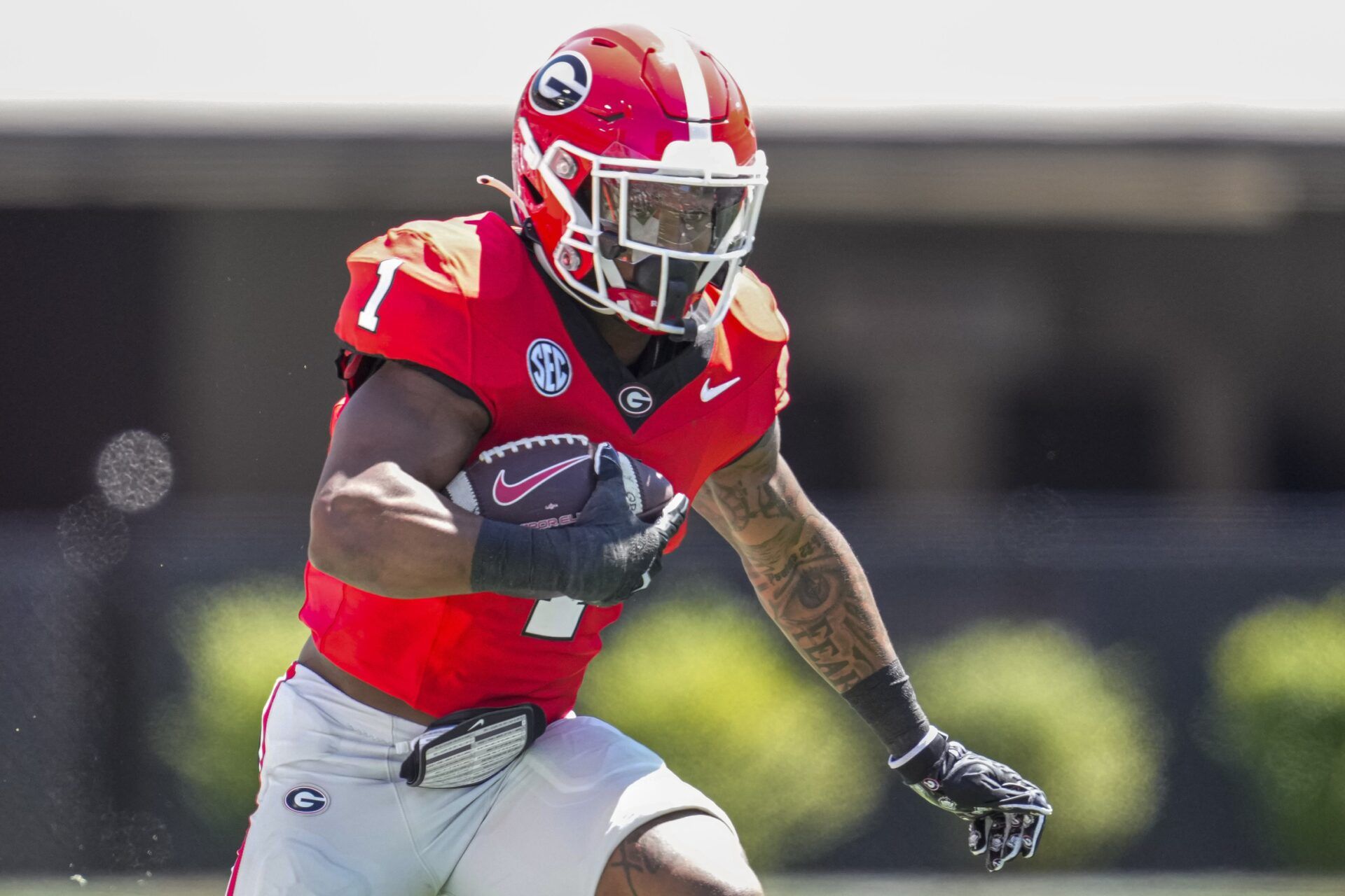 Georgia Bulldogs running back Trevor Etienne (1) runs with the ball during the G-Day Game at Sanford Stadium. Mandatory Credit: Dale Zanine-USA TODAY Sports