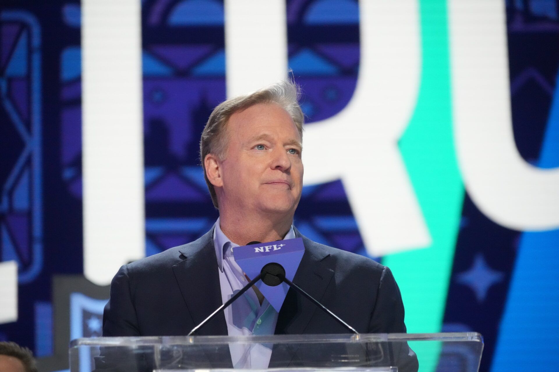 NFL Commissioner Roger Goodell addresses the crowd during the 2024 NFL Draft at Campus Martius Park and Hart Plaza. The NFL 