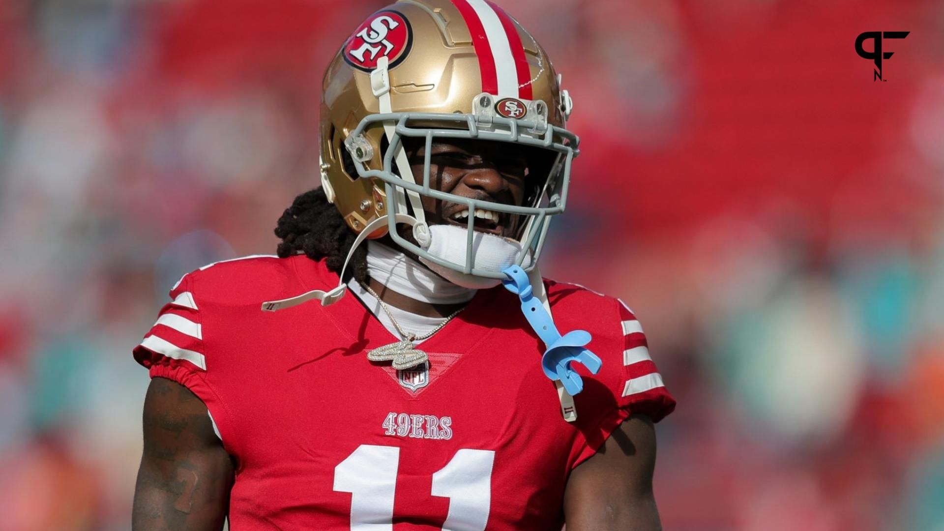 San Francisco 49ers WR Brandon Aiyuk (11) looks on prior to a game against the Miami Dolphins.