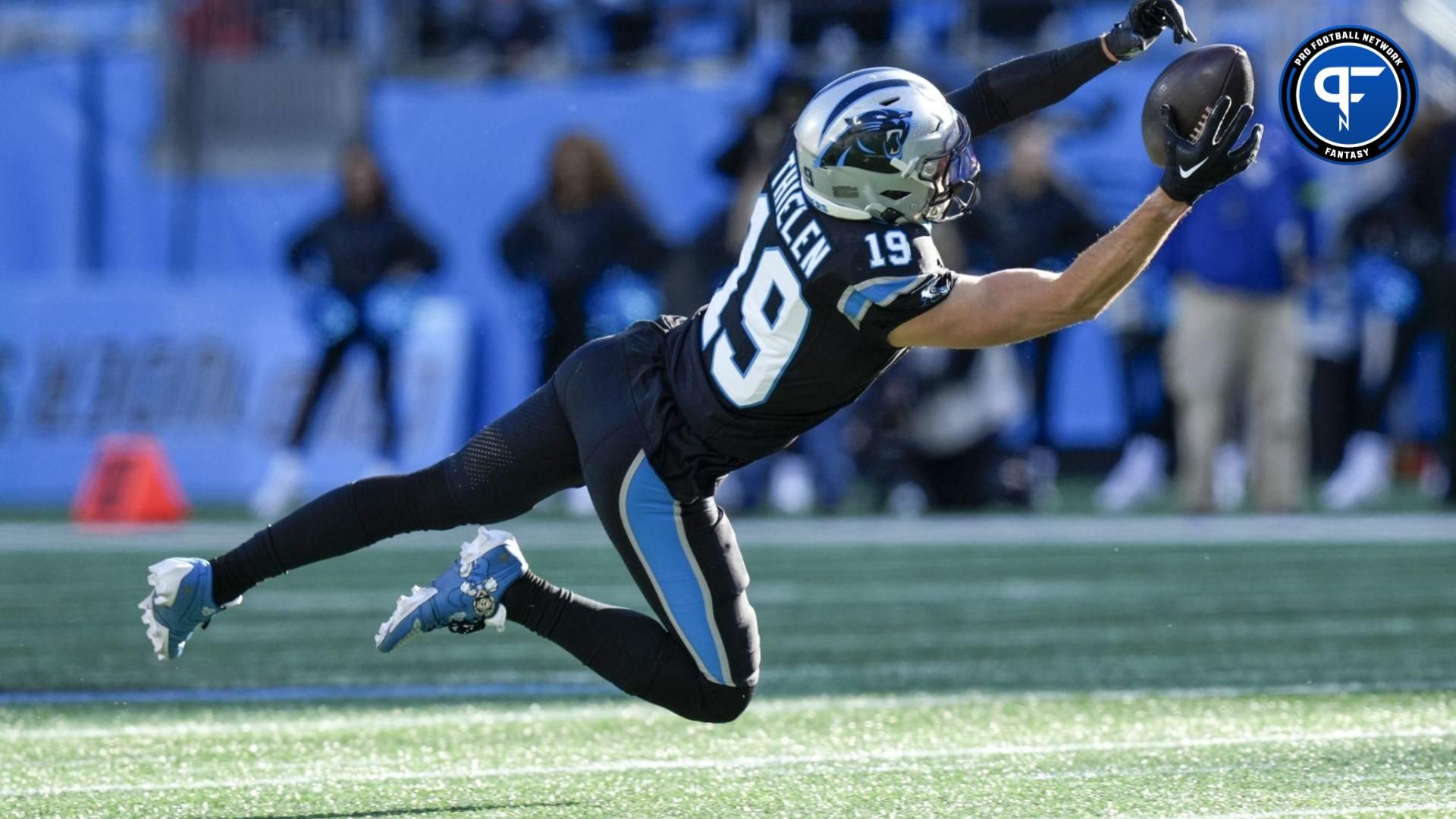 Carolina Panthers WR Adam Thielen (19) reaches for a catch against the Tampa Bay Buccaneers.