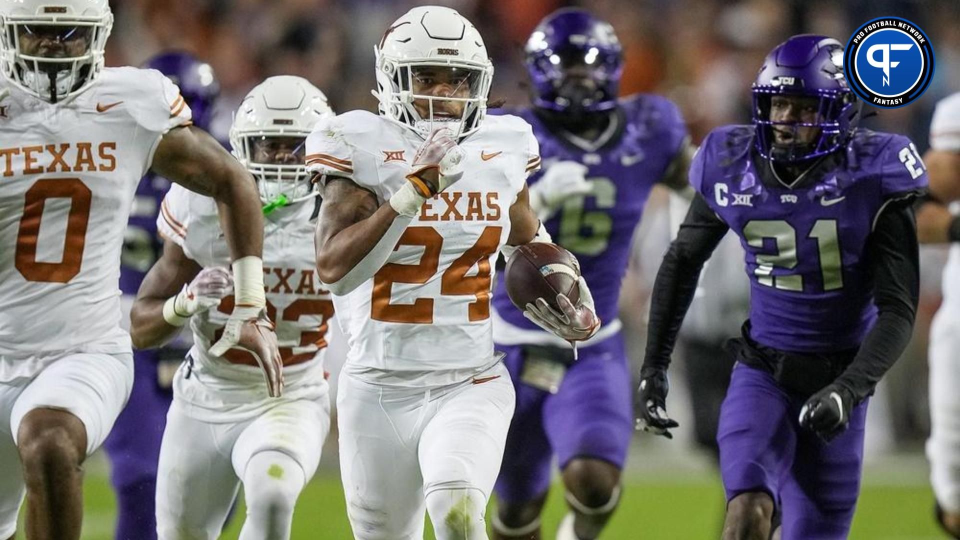 Texas Longhorns RB Jonathon Brooks (24) runs the ball against the TCU Horned Frogs.