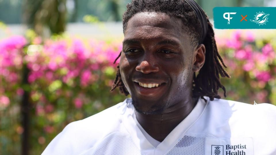 Miami Dolphins tackle Patrick Paul (52) speaks to reporters during mandatory minicamp at Baptist Health Training Complex.